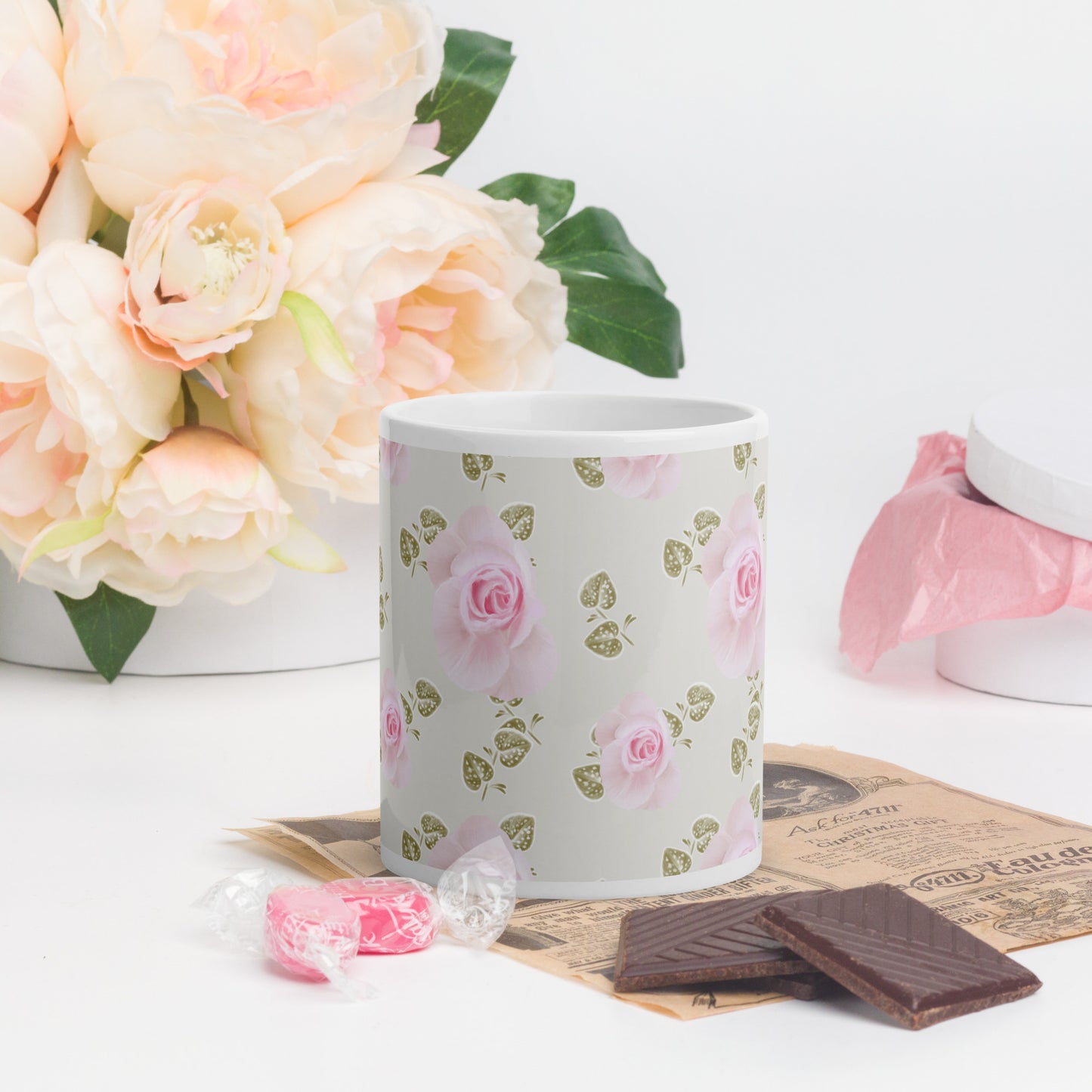 Mug Blanc Brillant "Roses Douceur"