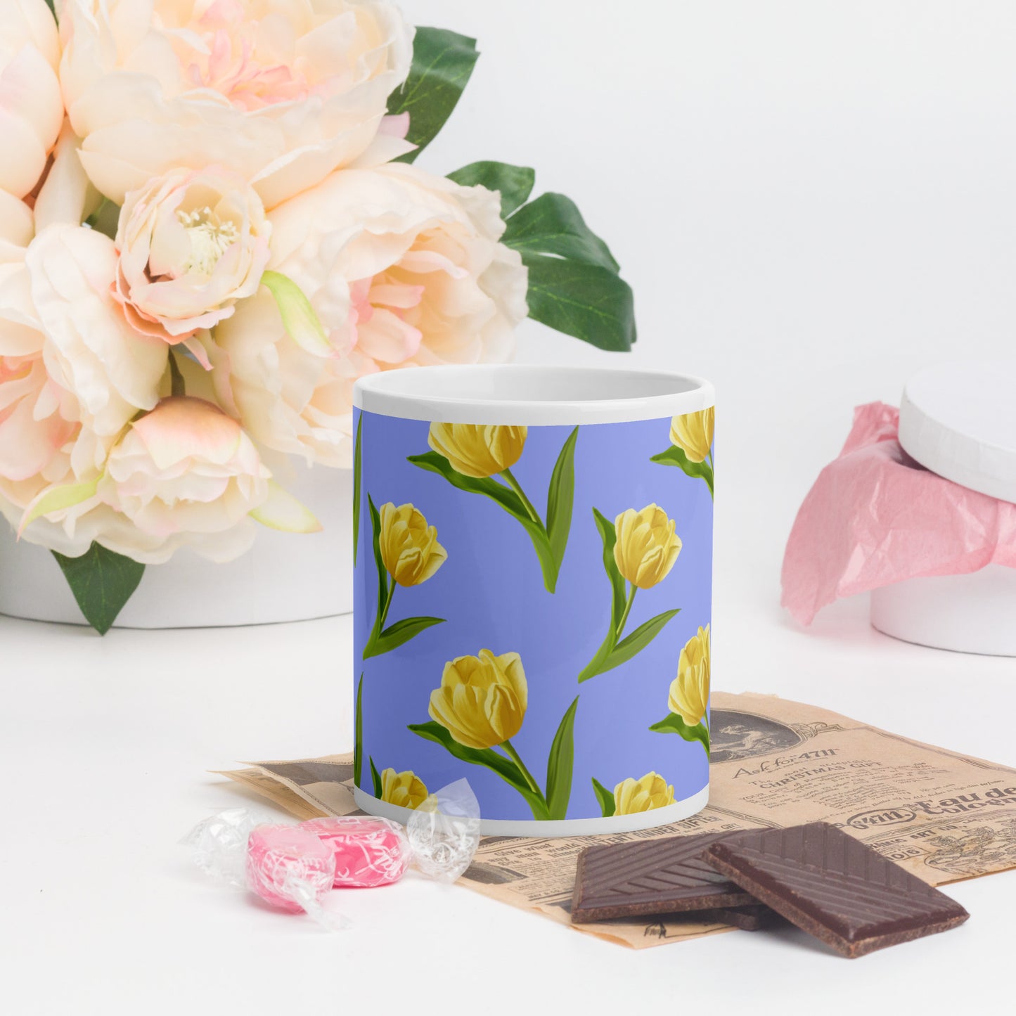 Mug Blanc Brillant "Les Tulipes Jaunes" - 11 oz - Aissegé Créations