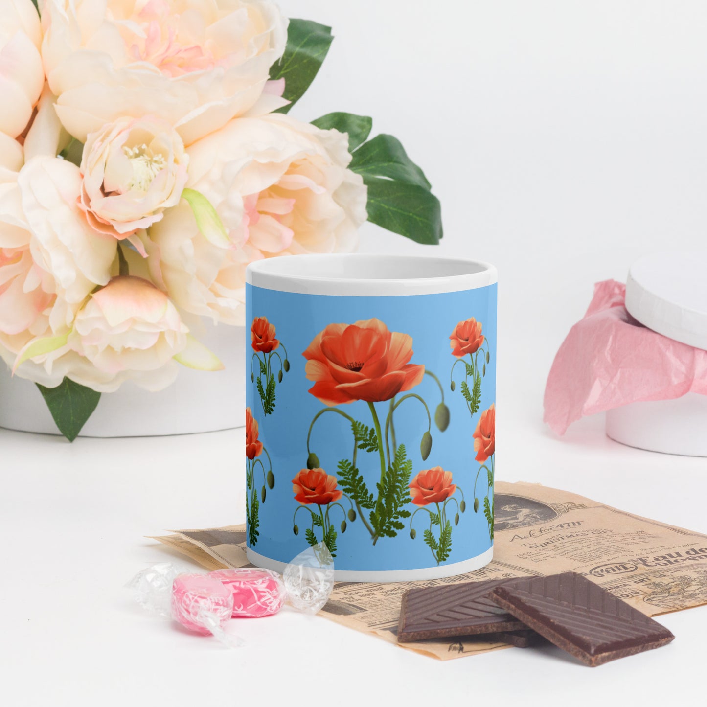 Mug Blanc Brillant "Coquelicots" - 11 oz - Aissegé Créations