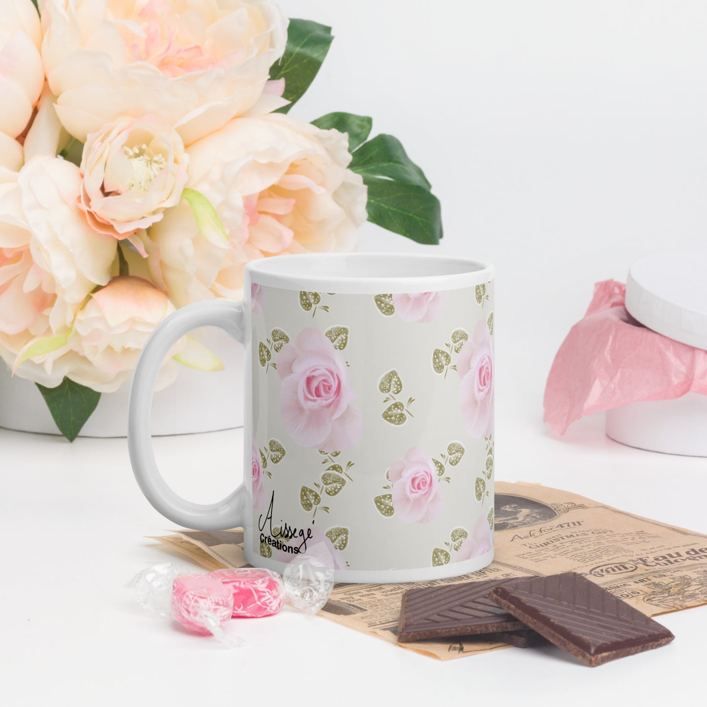 Mug Blanc Brillant "Roses Douceur"