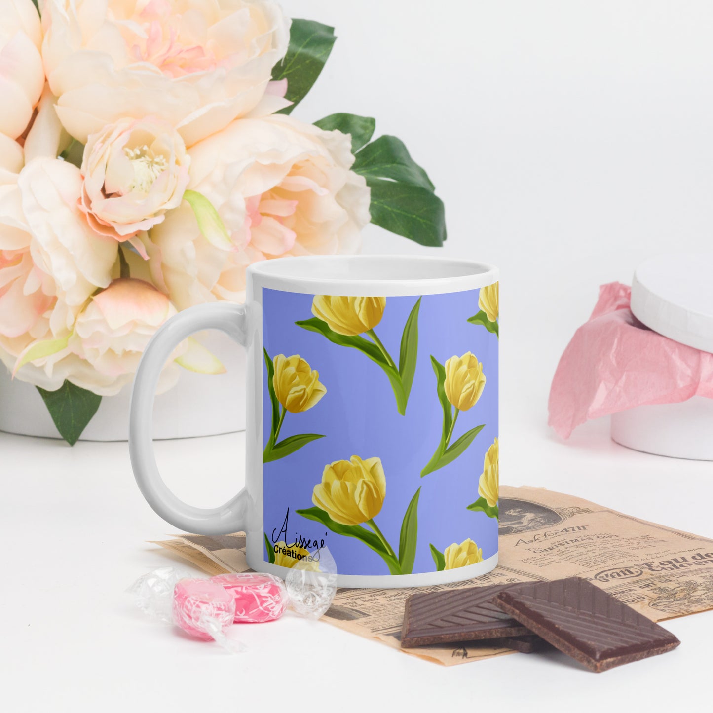 Mug Blanc Brillant "Les Tulipes Jaunes" - 11 oz - Aissegé Créations
