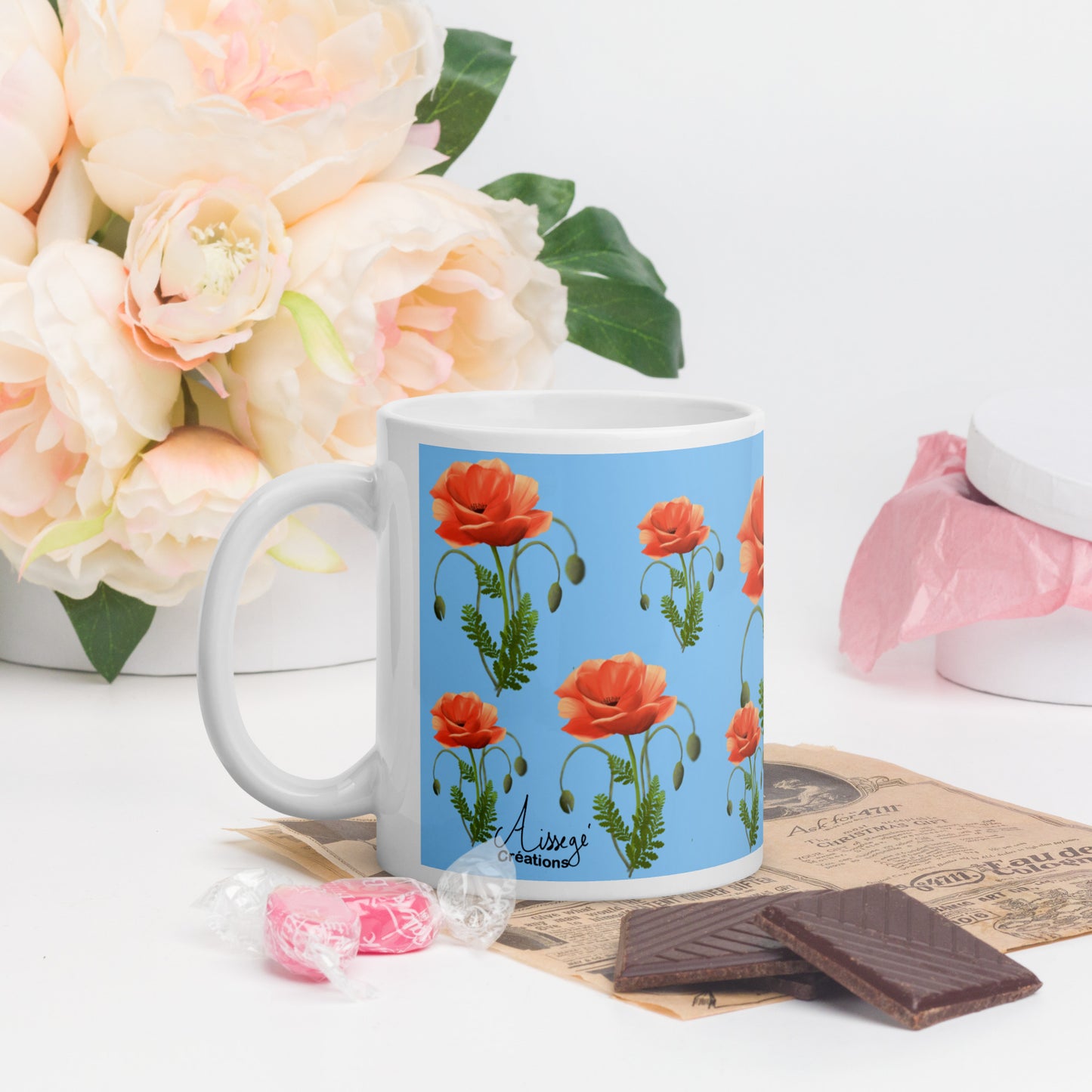 Mug Blanc Brillant "Coquelicots" - 11 oz - Aissegé Créations