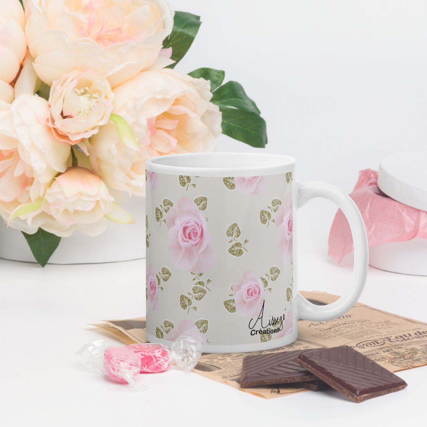 Mug Blanc Brillant "Roses Douceur"