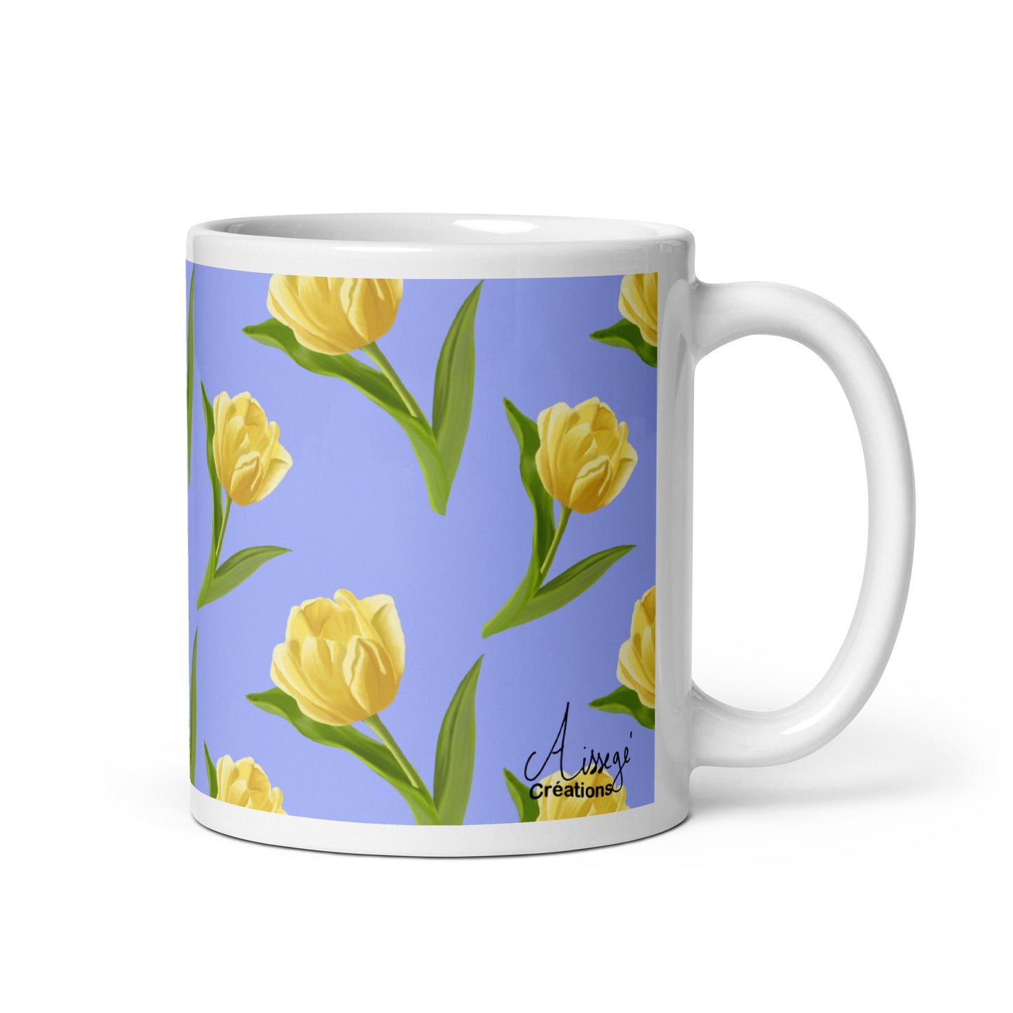 Mug Blanc Brillant "Les Tulipes Jaunes" - 11 oz - Aissegé Créations