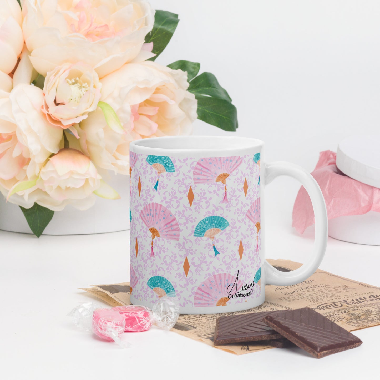 Mug Blanc Brillant "Les éventails" - 11 oz - Aissegé Créations