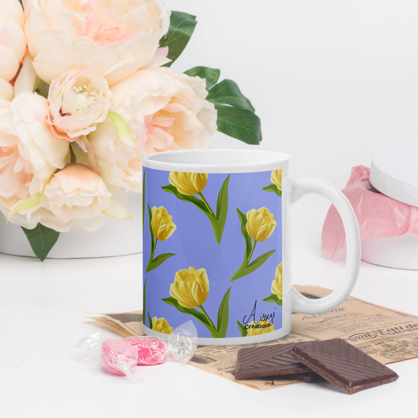 Mug Blanc Brillant "Les Tulipes Jaunes" - 11 oz - Aissegé Créations
