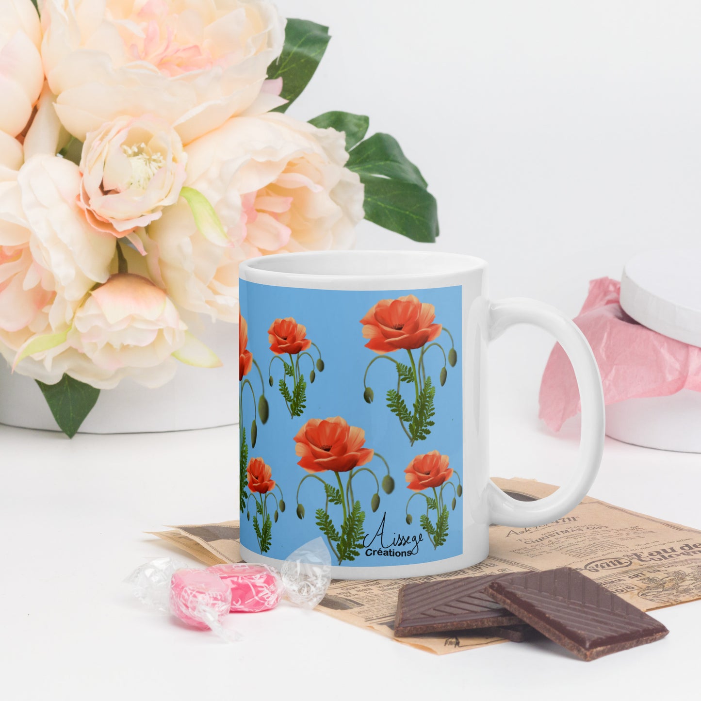 Mug Blanc Brillant "Coquelicots" - 11 oz - Aissegé Créations