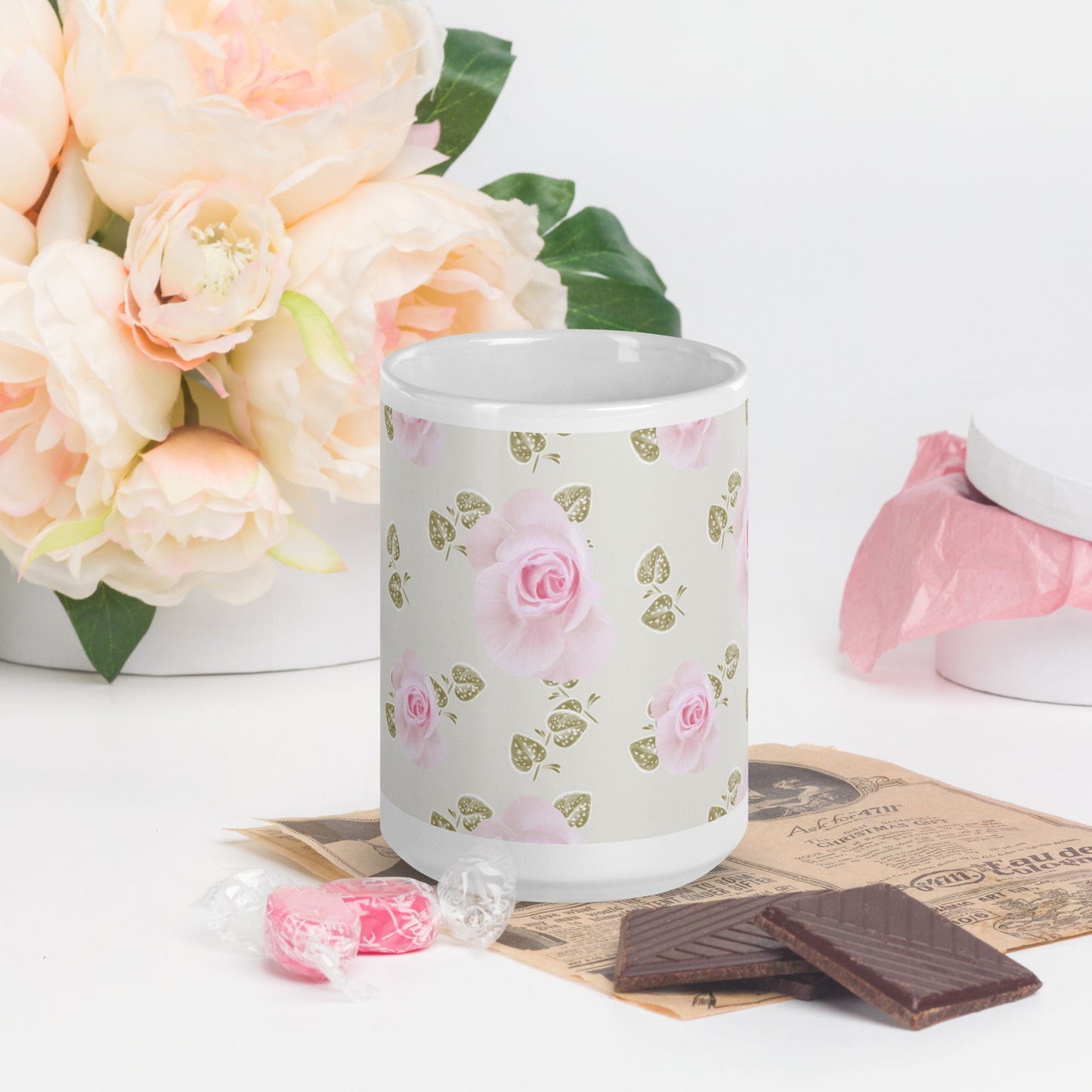 Mug Blanc Brillant "Roses Douceur"