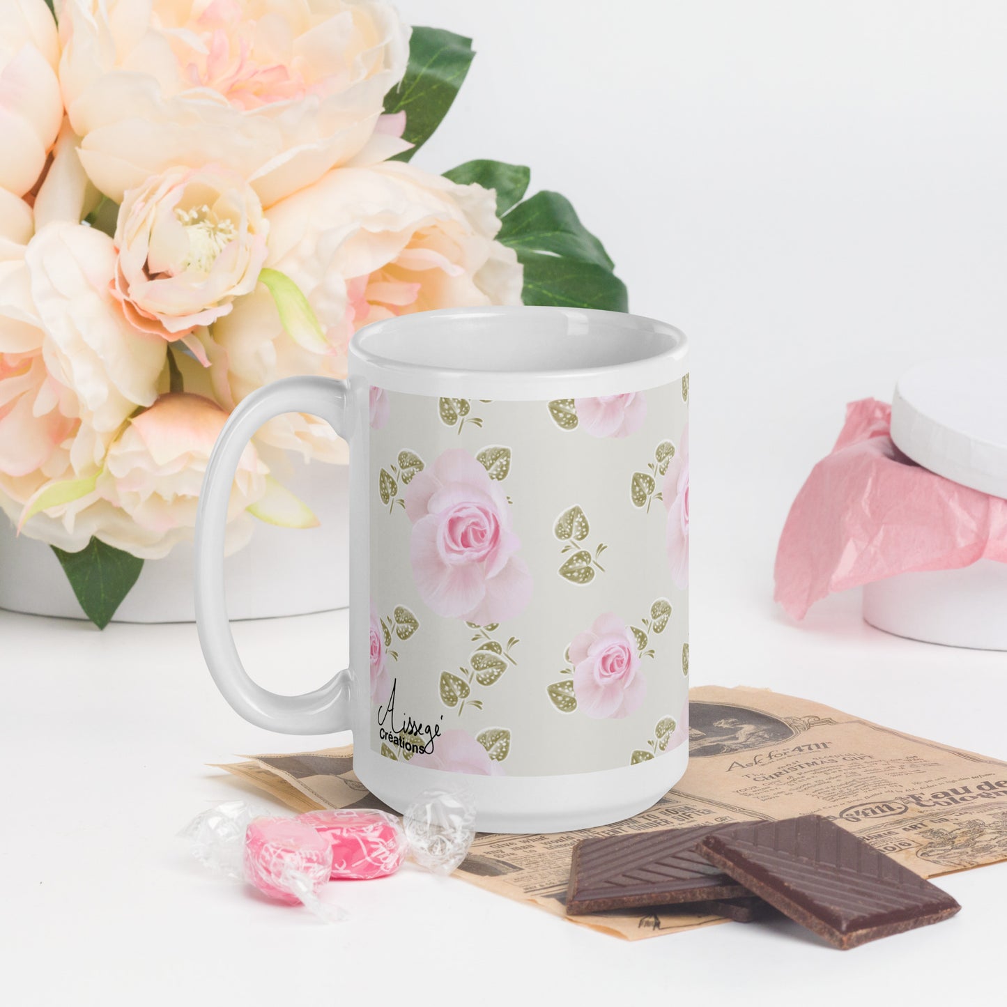 Mug Blanc Brillant "Roses Douceur"