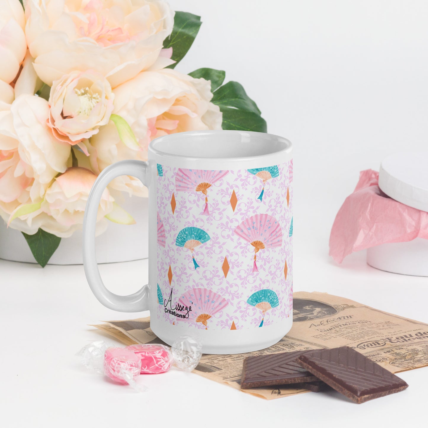 Mug Blanc Brillant "Les éventails" - 11 oz - Aissegé Créations
