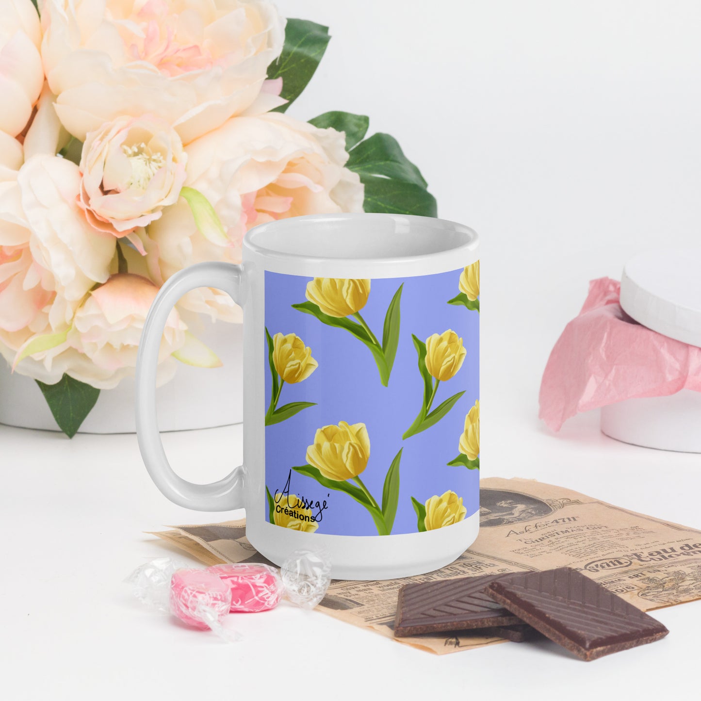 Mug Blanc Brillant "Les Tulipes Jaunes" - 11 oz - Aissegé Créations