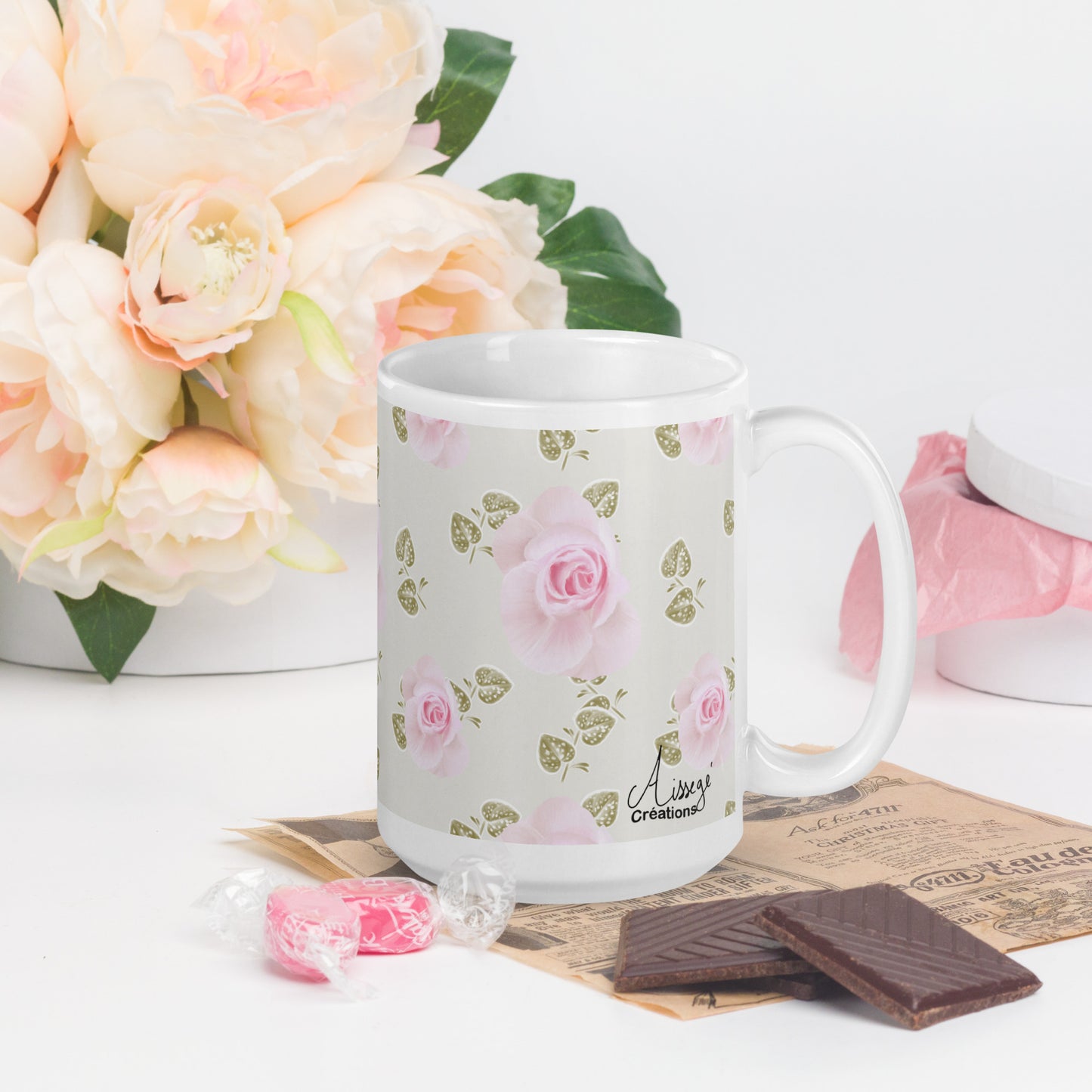Mug Blanc Brillant "Roses Douceur"
