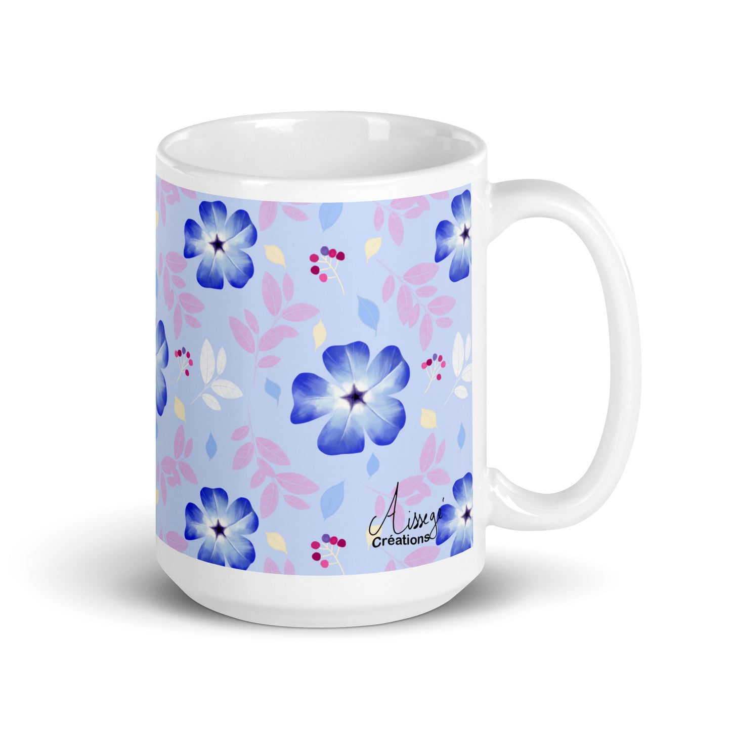 Mug Blanc Brillant "Cératostigma" - 15 oz - Aissegé Créations