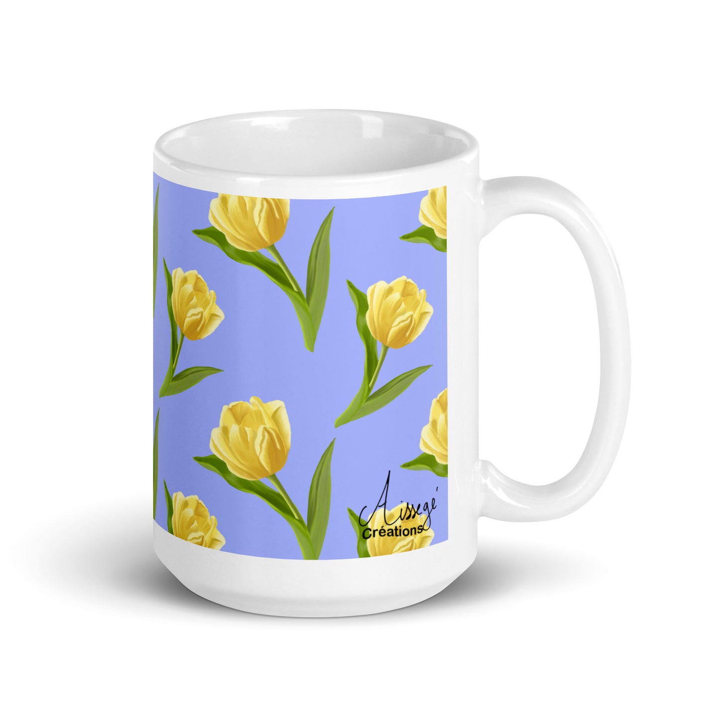 Mug Blanc Brillant "Les Tulipes Jaunes" - 15 oz - Aissegé Créations