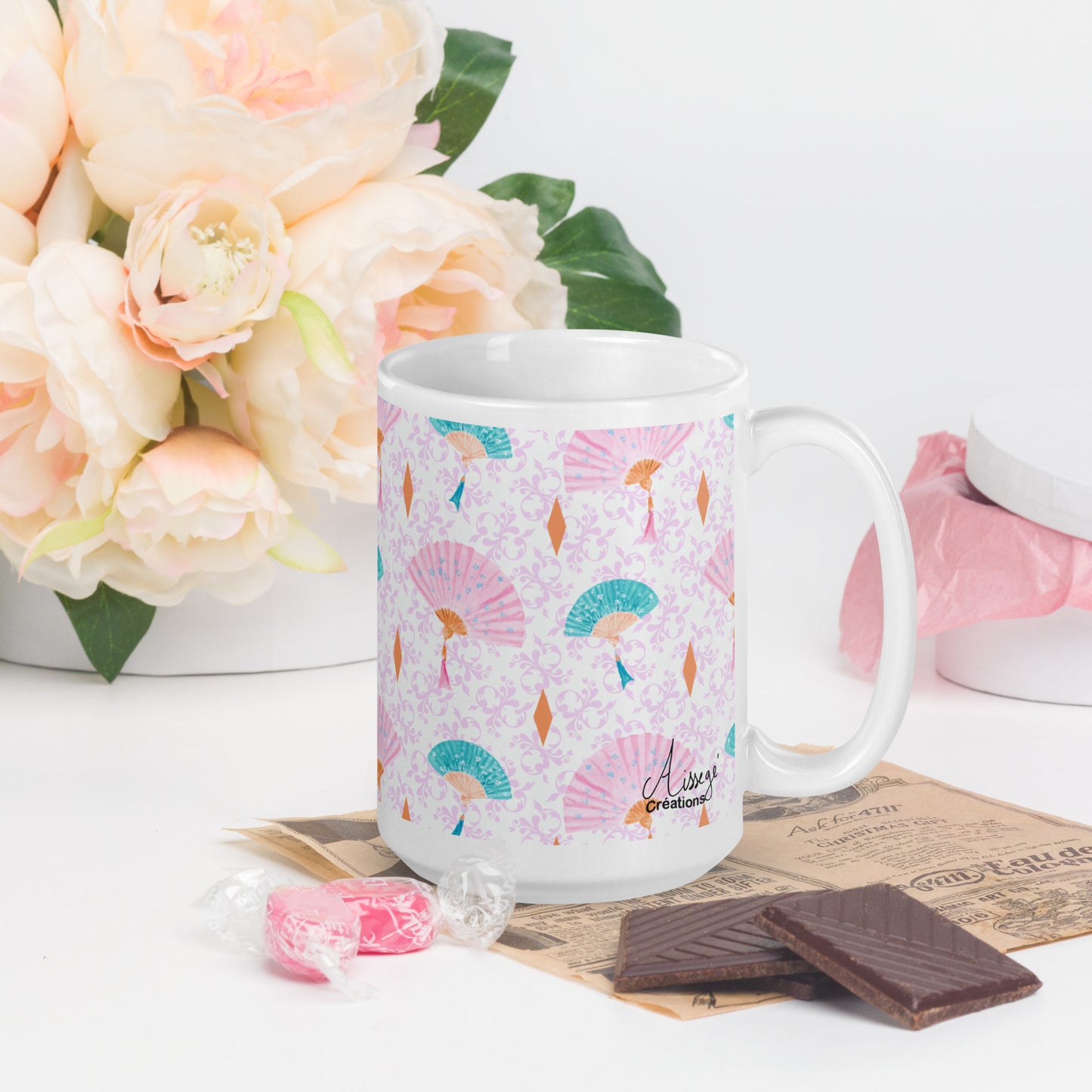 Mug Blanc Brillant "Les éventails" - 11 oz - Aissegé Créations
