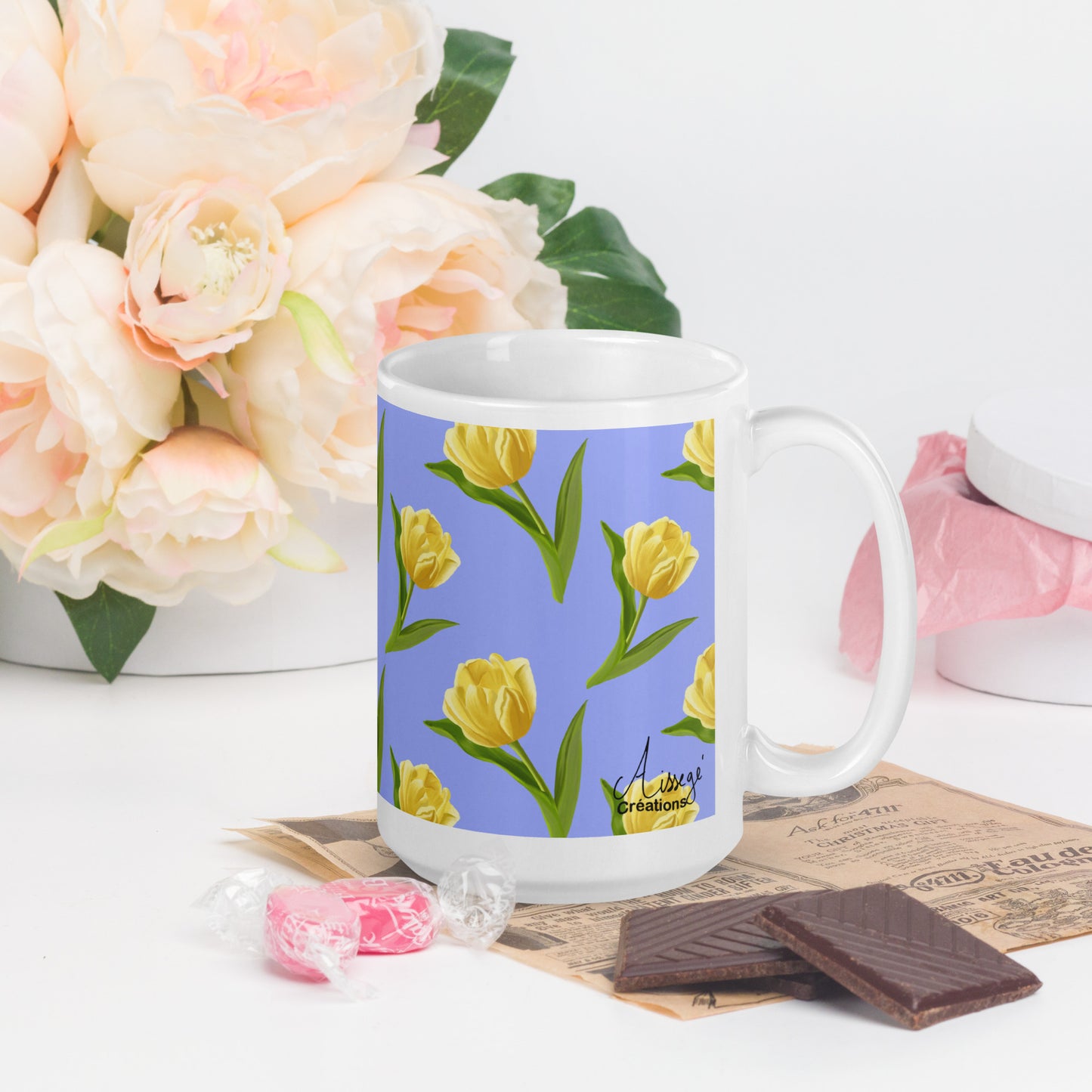 Mug Blanc Brillant "Les Tulipes Jaunes" - 11 oz - Aissegé Créations