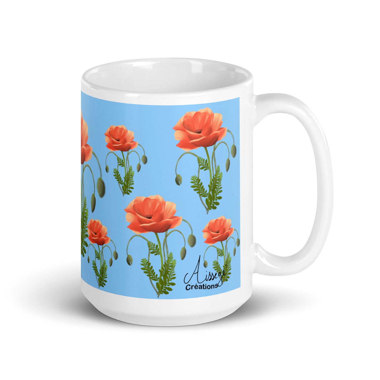 Mug Blanc Brillant "Coquelicots" - 15 oz - Aissegé Créations