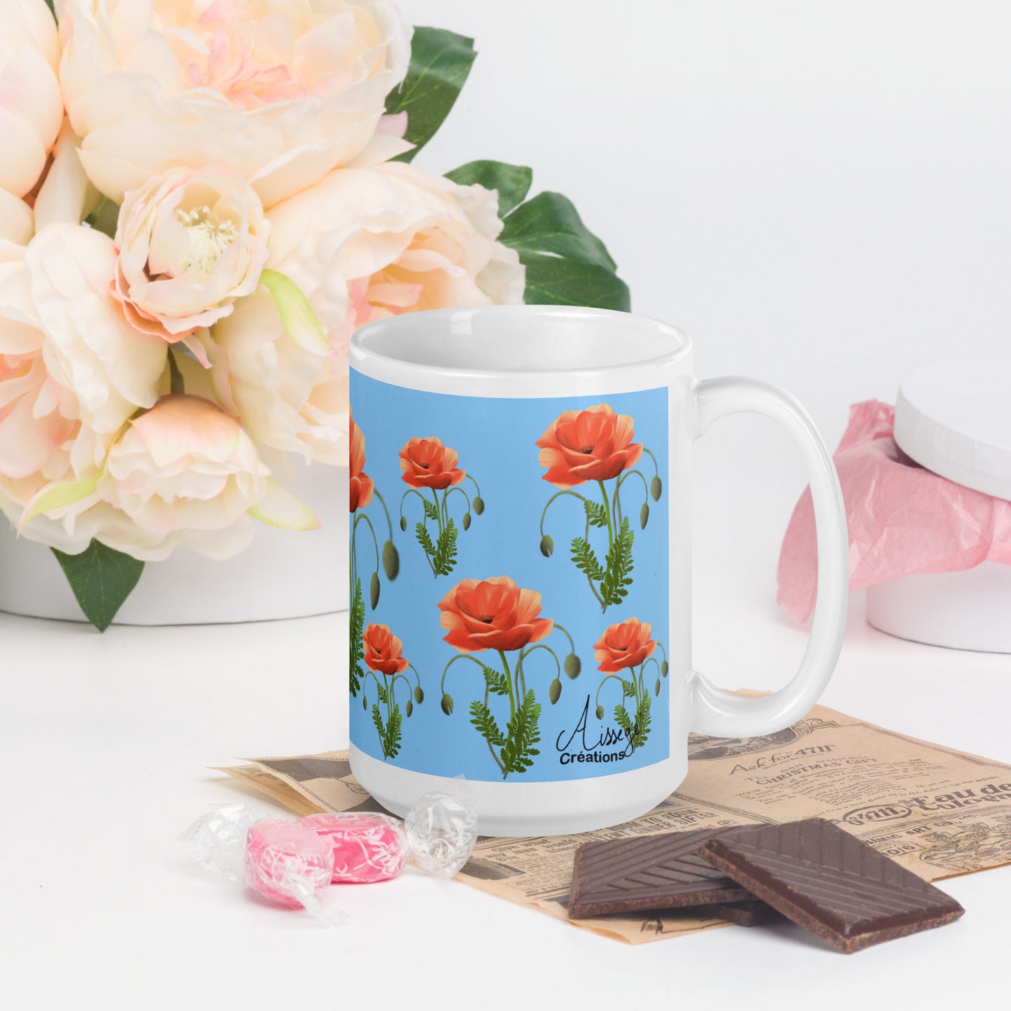 Mug Blanc Brillant "Coquelicots" - 11 oz - Aissegé Créations