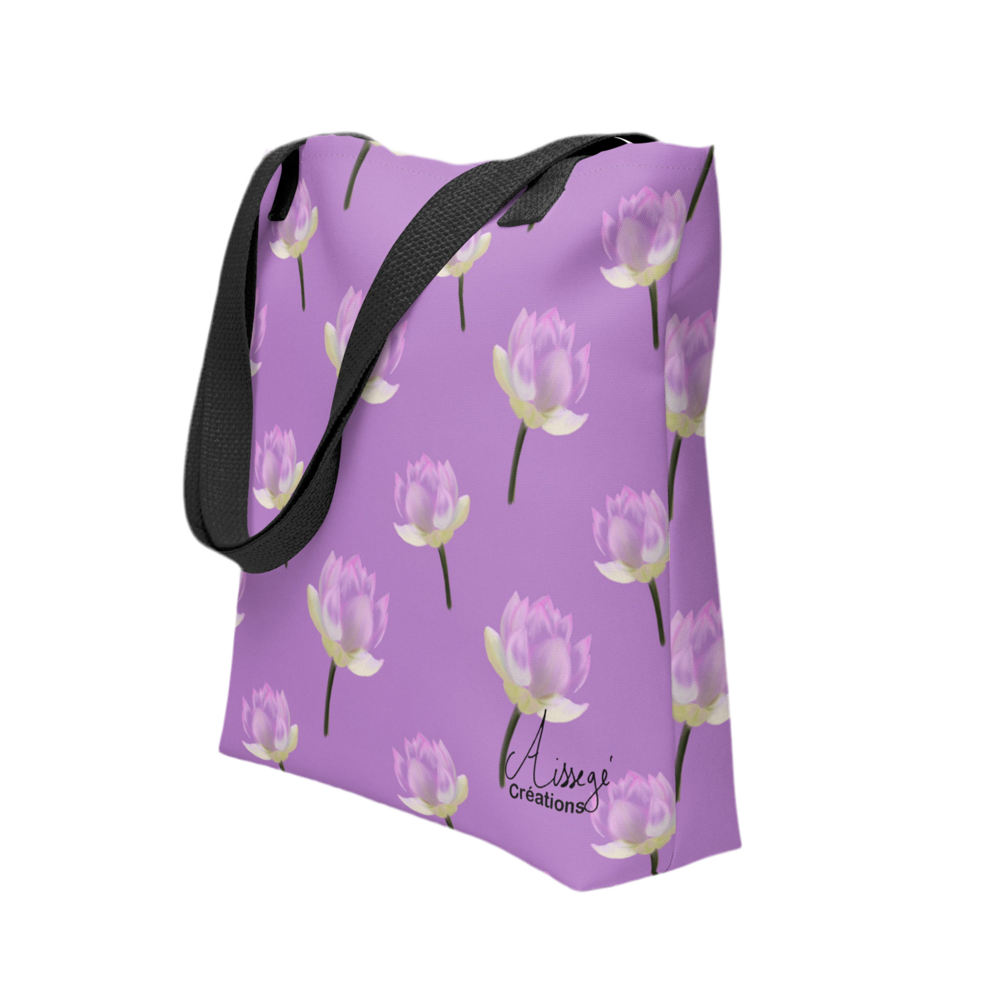 Tote bag "Nénuphars mauve" - Noir - Aissegé Créations