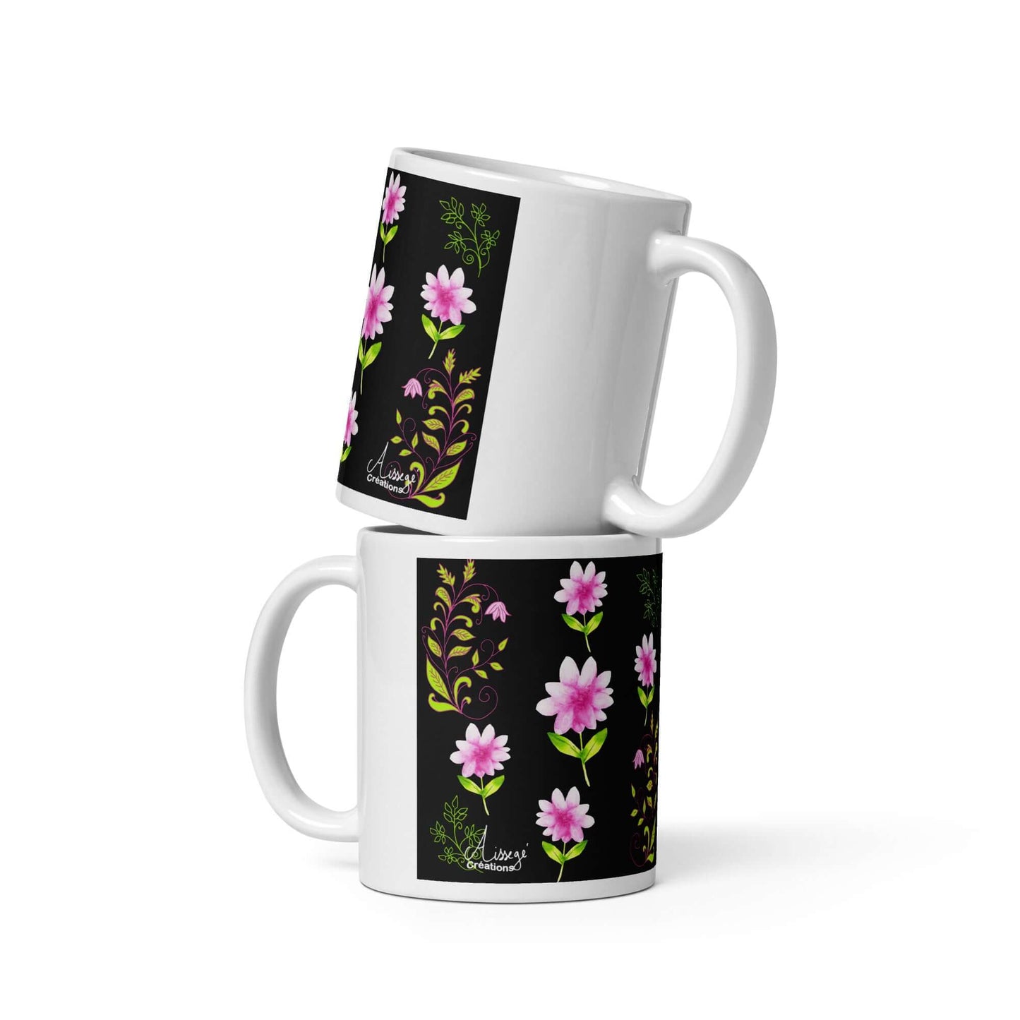 Mug Blanc Brillant "Fleurs et Arabesques"