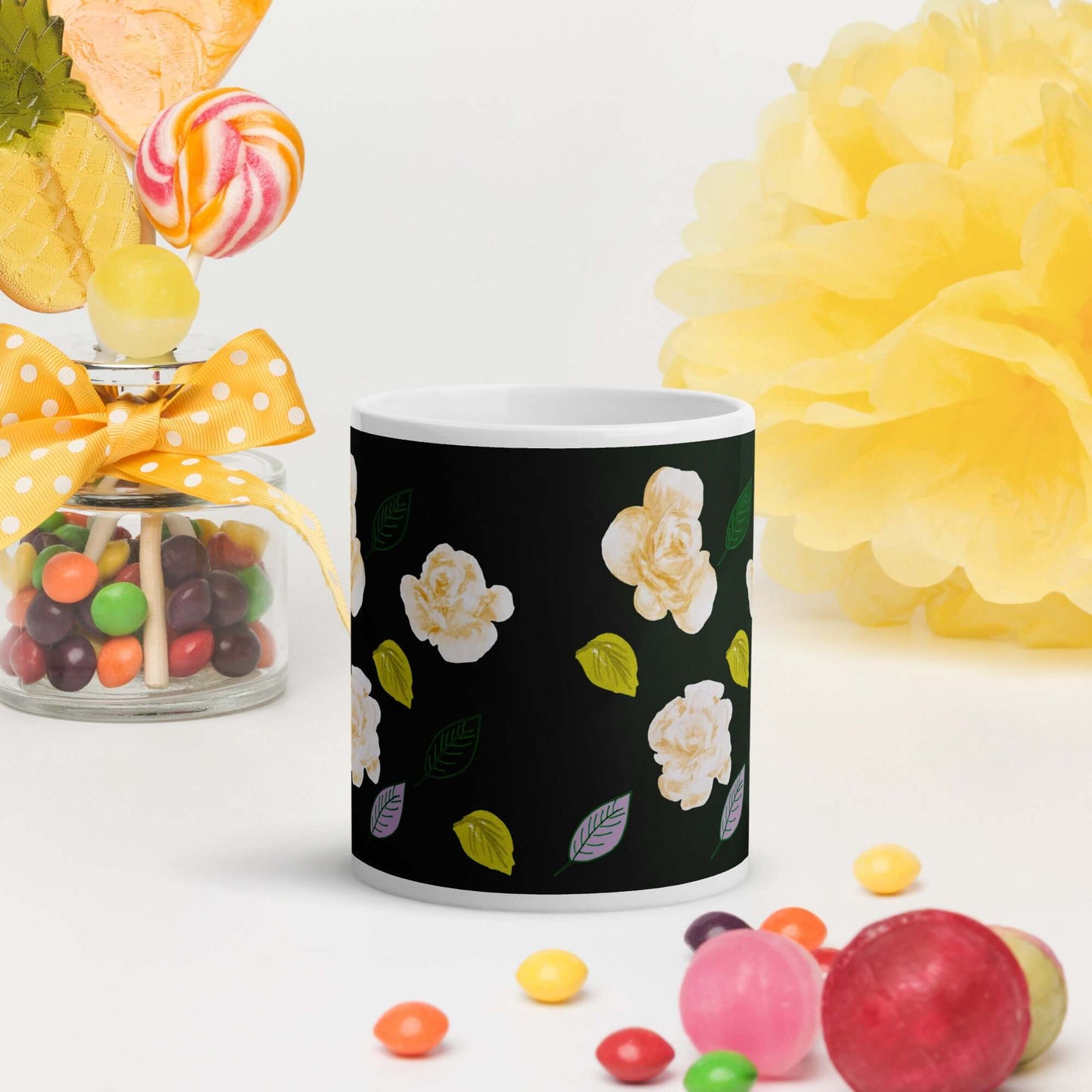 Mug Blanc Brillant "Roses d'Or"