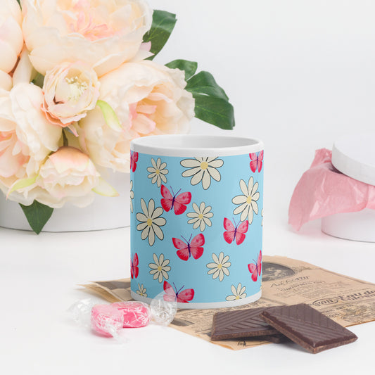 Glossy White Mug "Butterflies and Daisies"