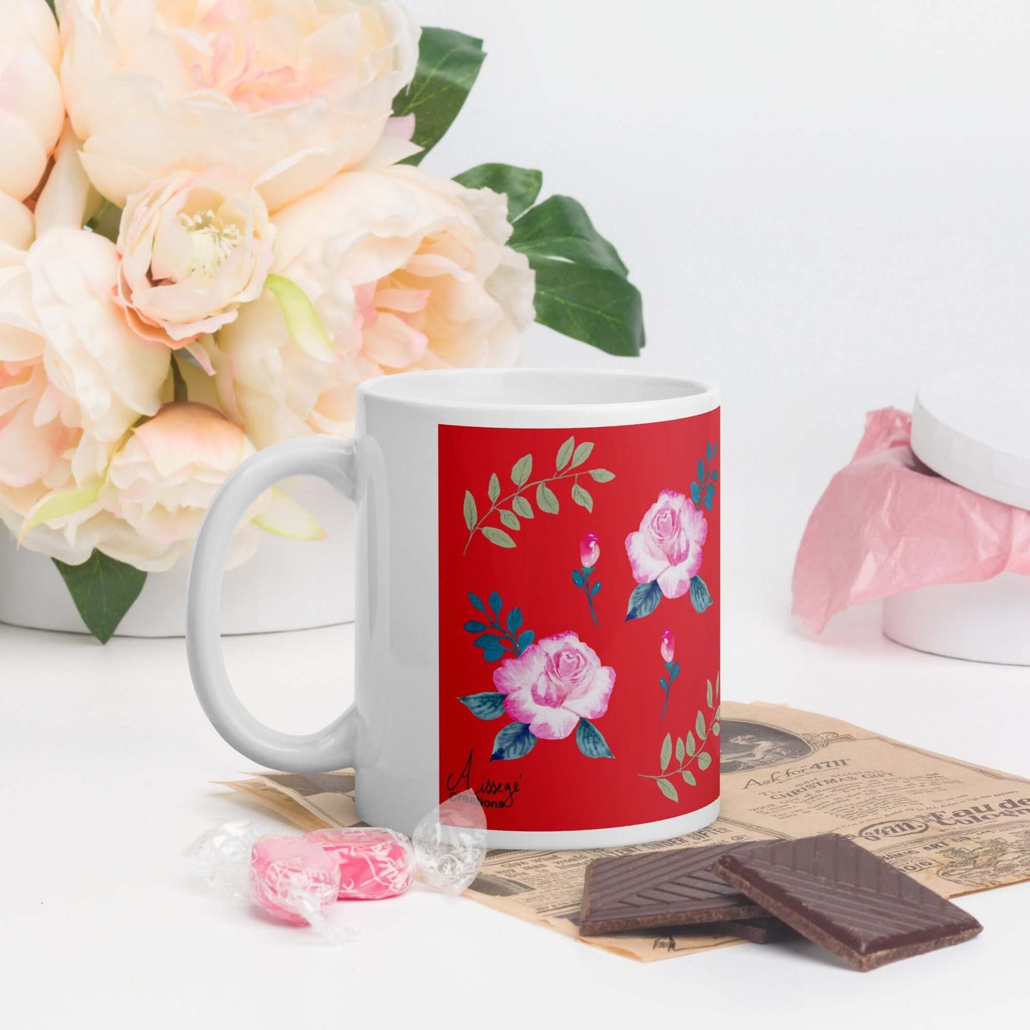 Mug Blanc Brillant "Roses du jardin"