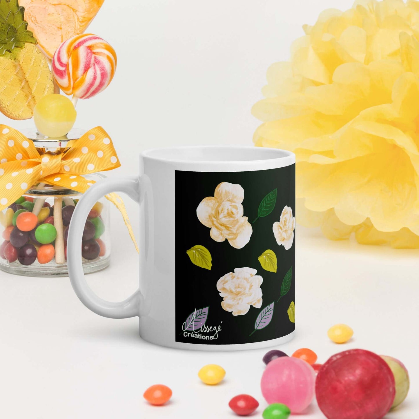 Mug Blanc Brillant "Roses d'Or"