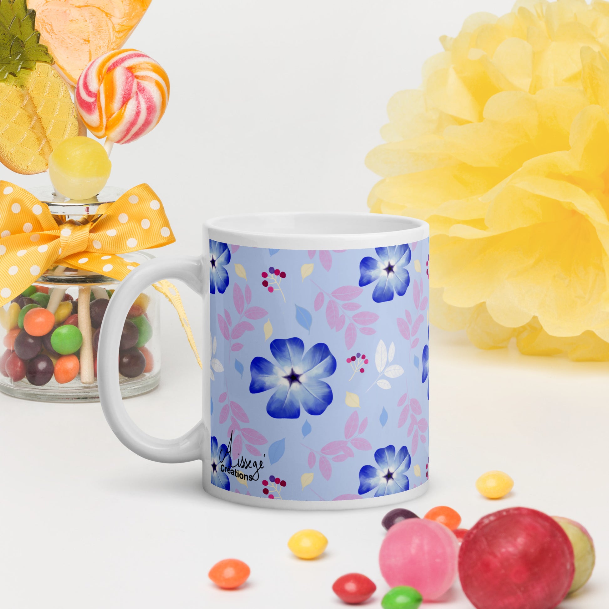Mug Blanc Brillant "Cératostigma" - 11 oz - Aissegé Créations