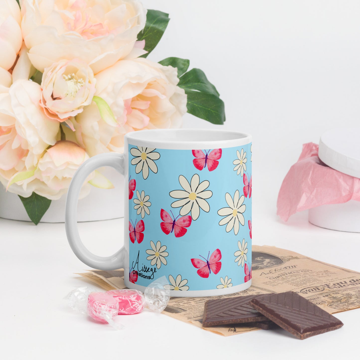 Glossy White Mug "Butterflies and Daisies"