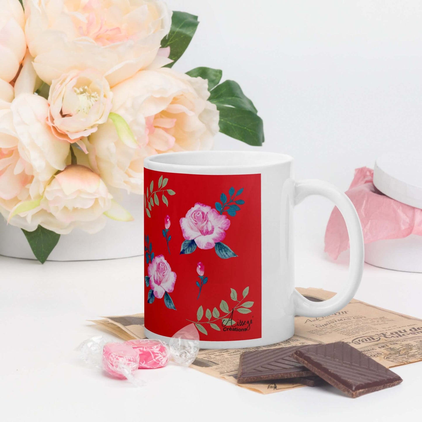 Mug Blanc Brillant "Roses du jardin"