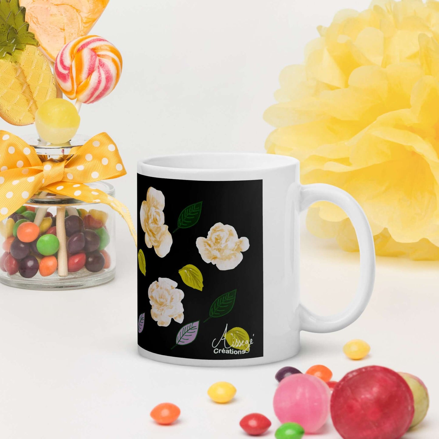 Mug Blanc Brillant "Roses d'Or"