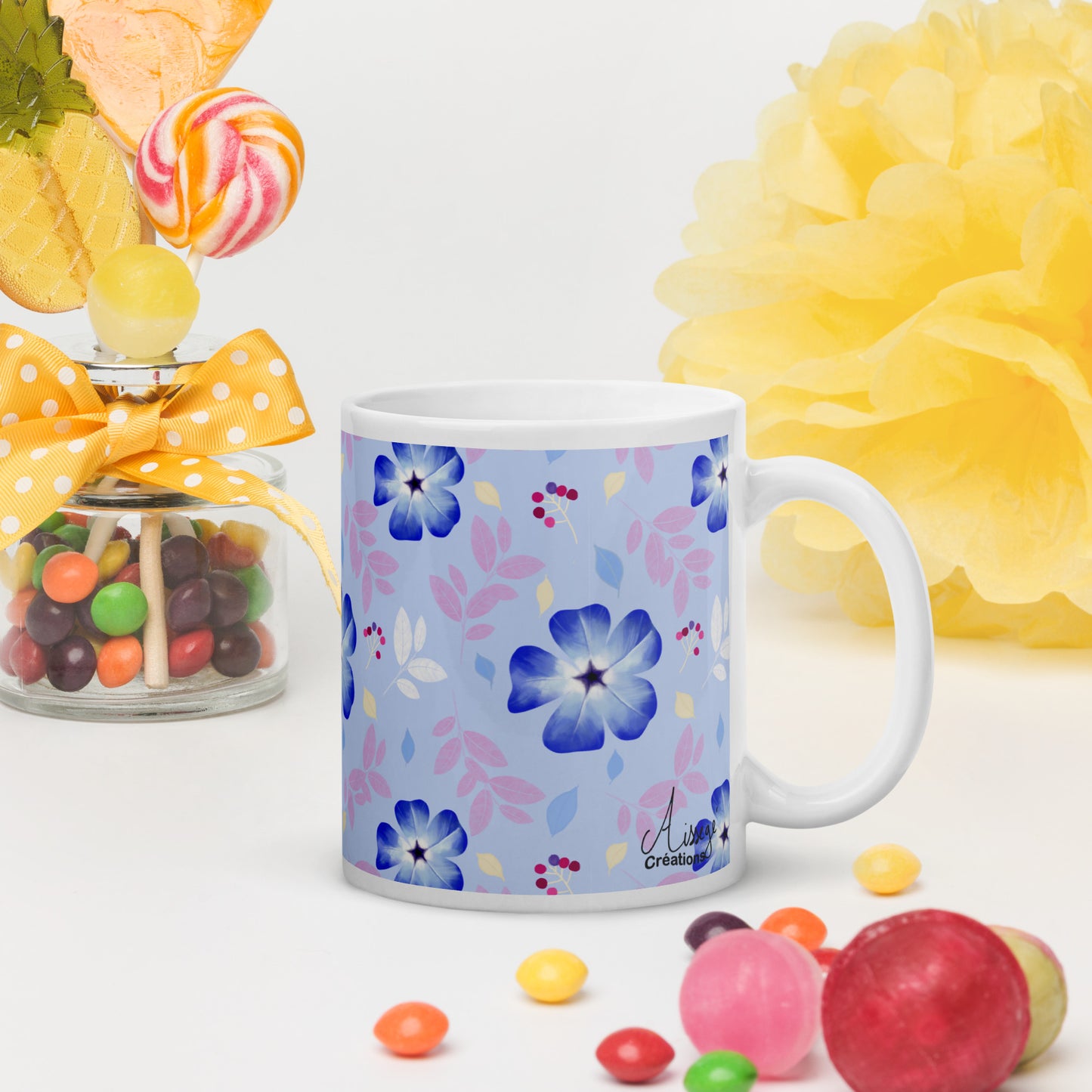 Mug Blanc Brillant "Cératostigma" - 11 oz - Aissegé Créations