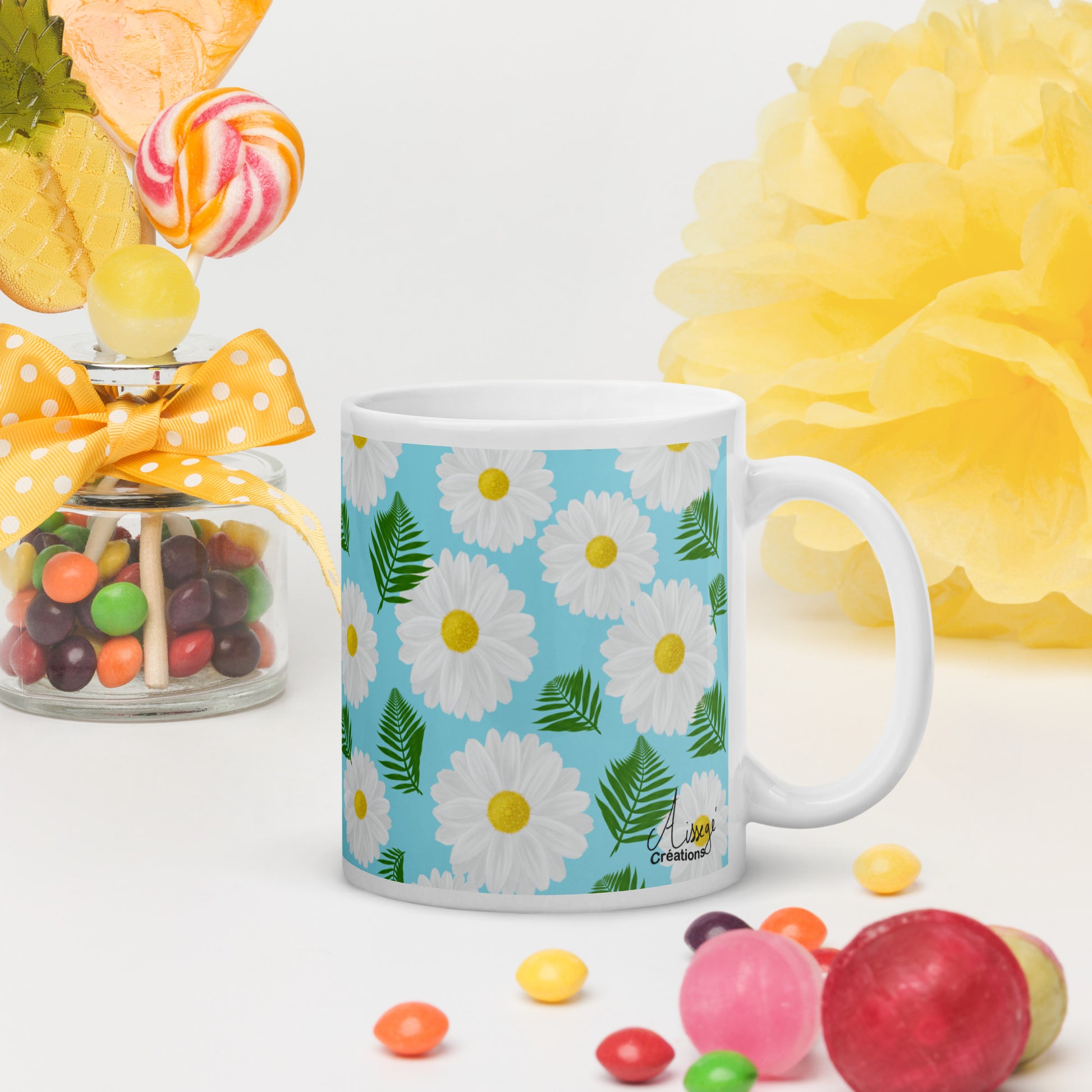 Mug Blanc Brillant "Marguerites" - 11 oz - Aissegé Créations