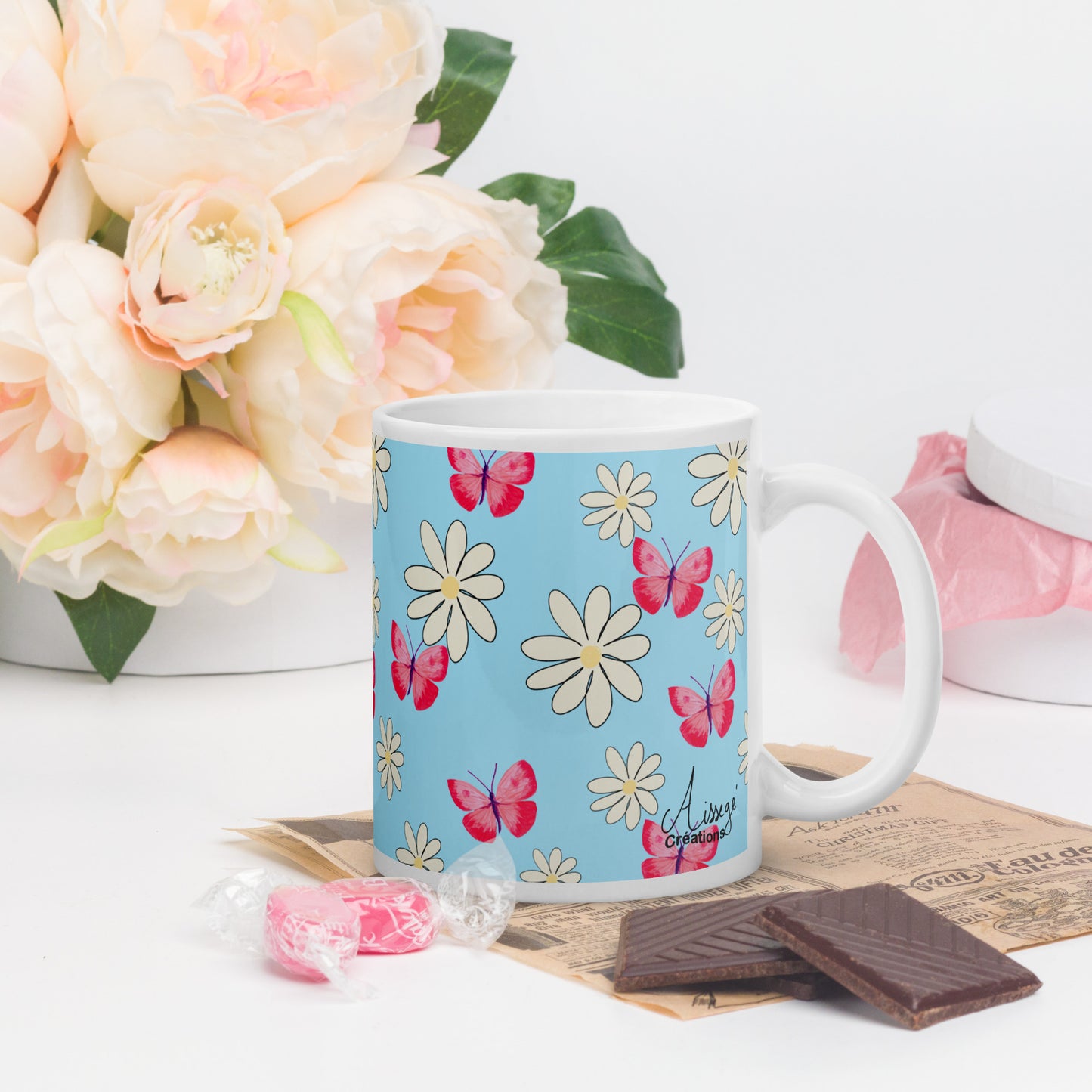 Glossy White Mug "Butterflies and Daisies"