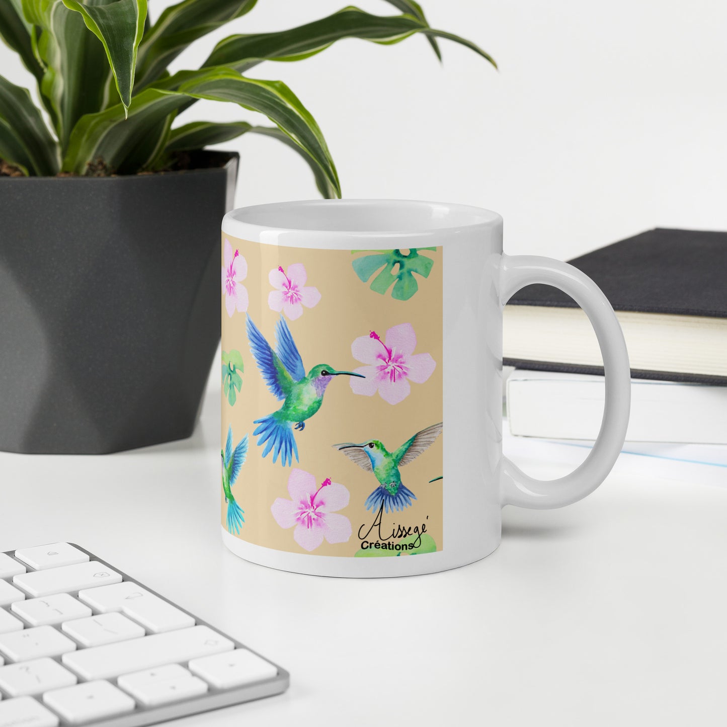 Glossy White Mug "Hummingbirds"