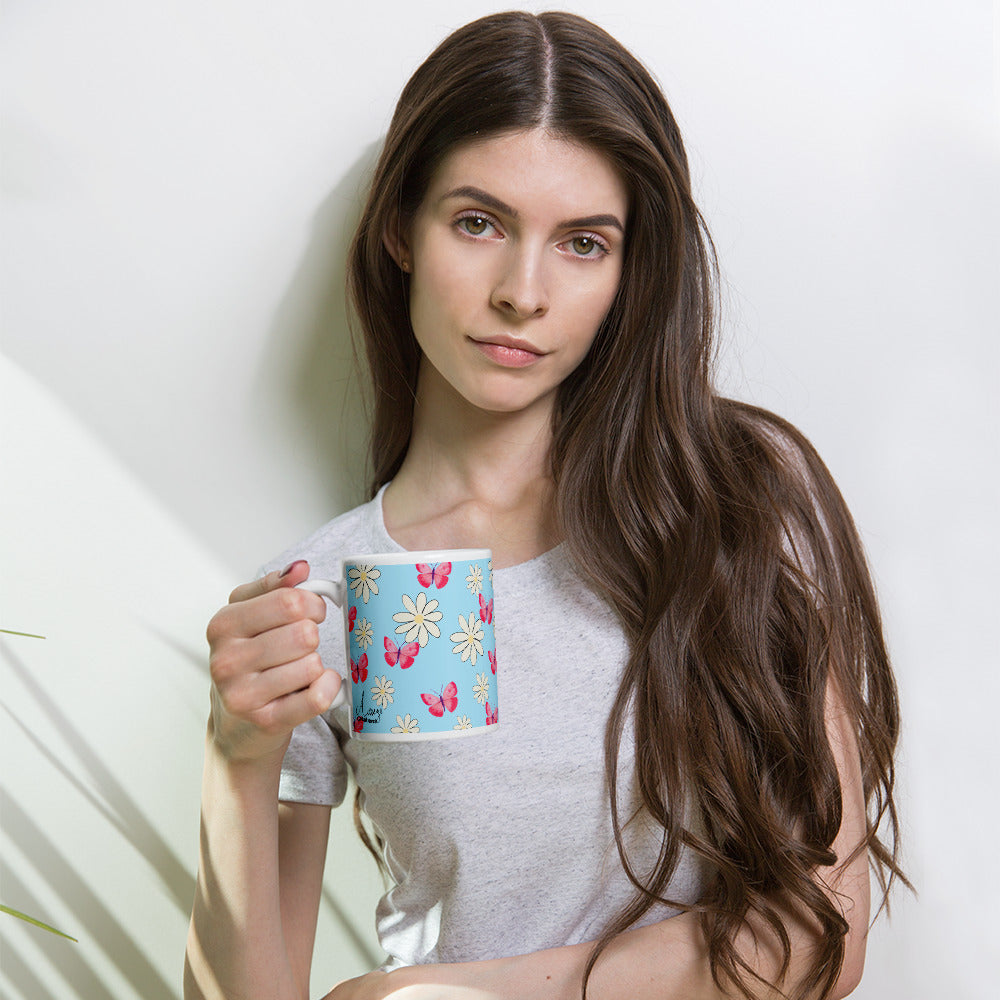 Glossy White Mug "Butterflies and Daisies"