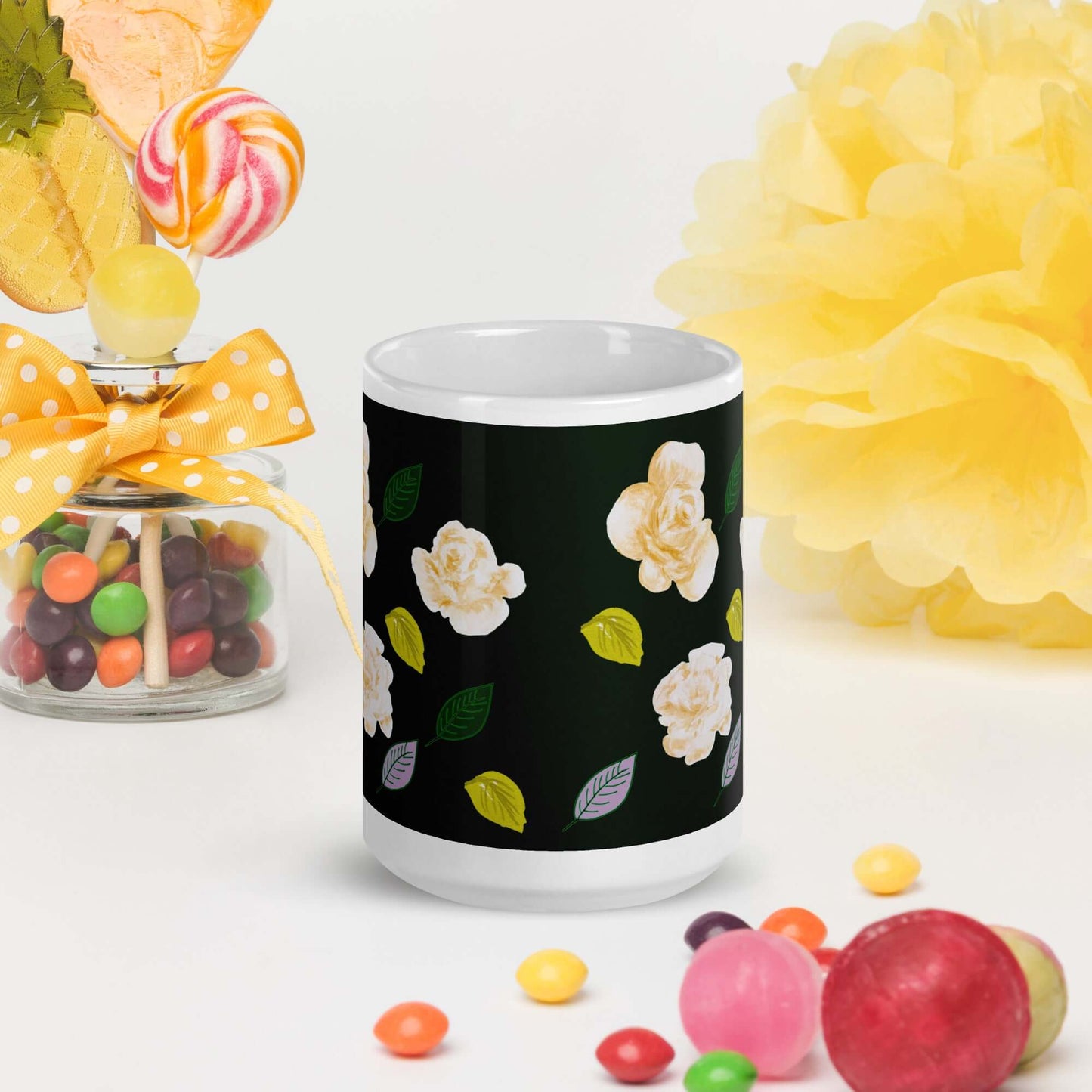 Mug Blanc Brillant "Roses d'Or"