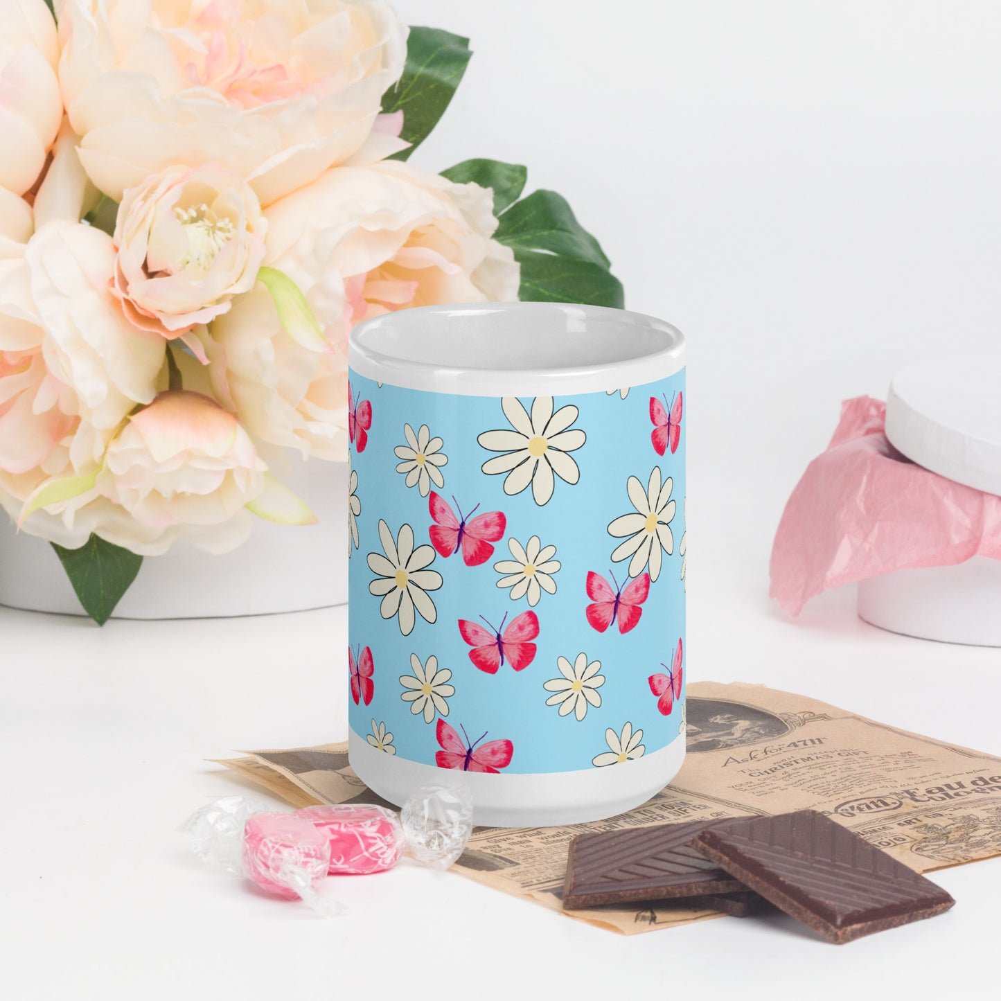 Glossy White Mug "Butterflies and Daisies"