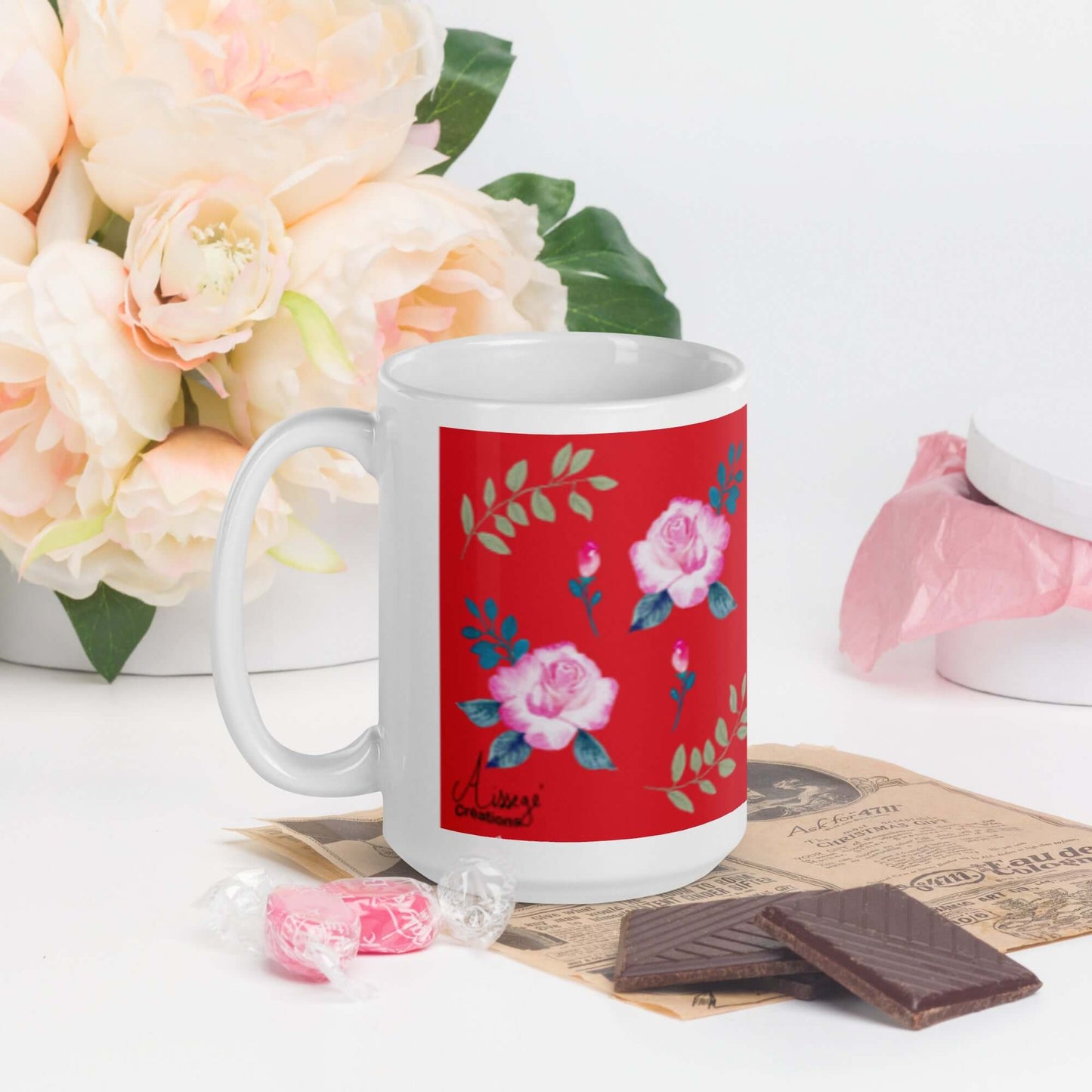 Mug Blanc Brillant "Roses du jardin"