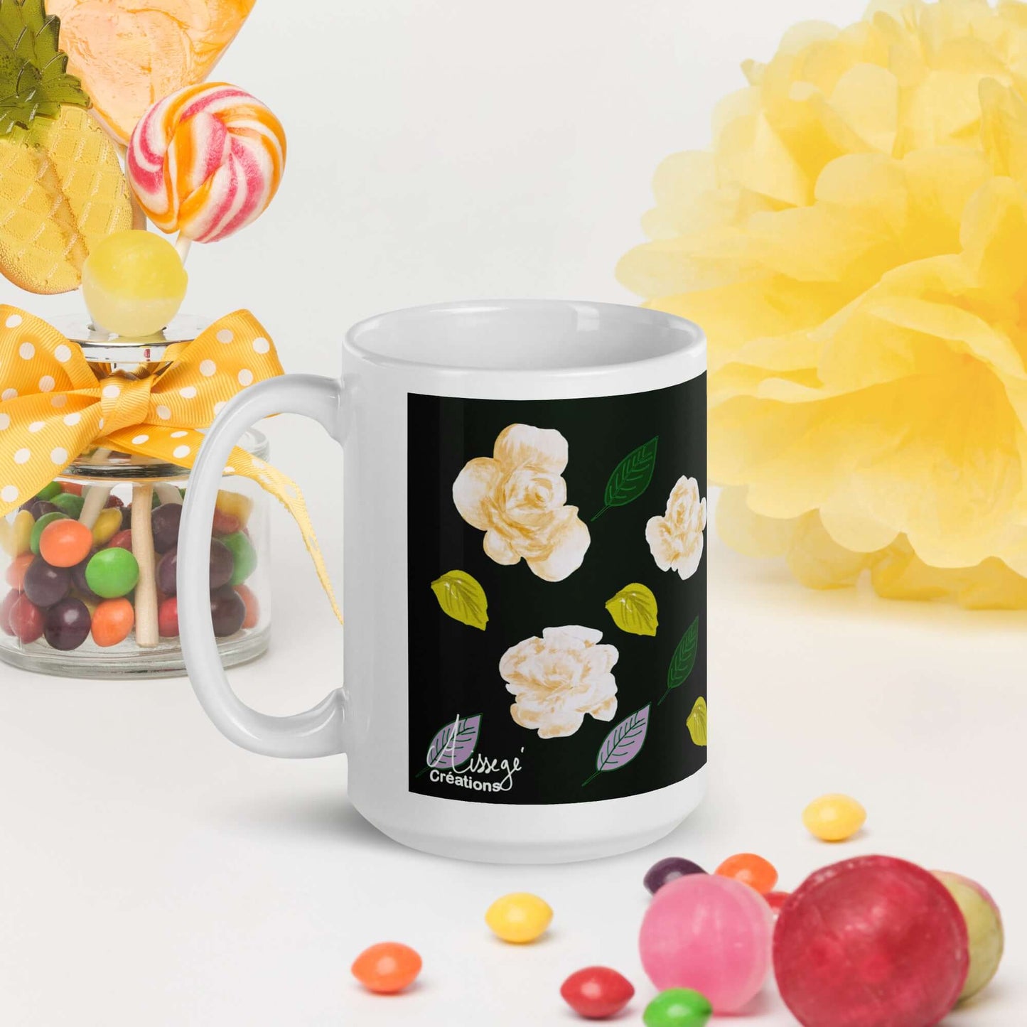 Mug Blanc Brillant "Roses d'Or"