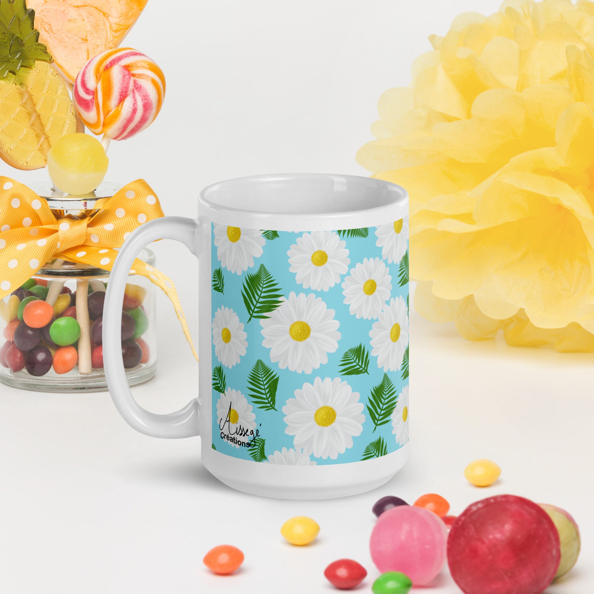 Mug Blanc Brillant "Marguerites" - 11 oz - Aissegé Créations