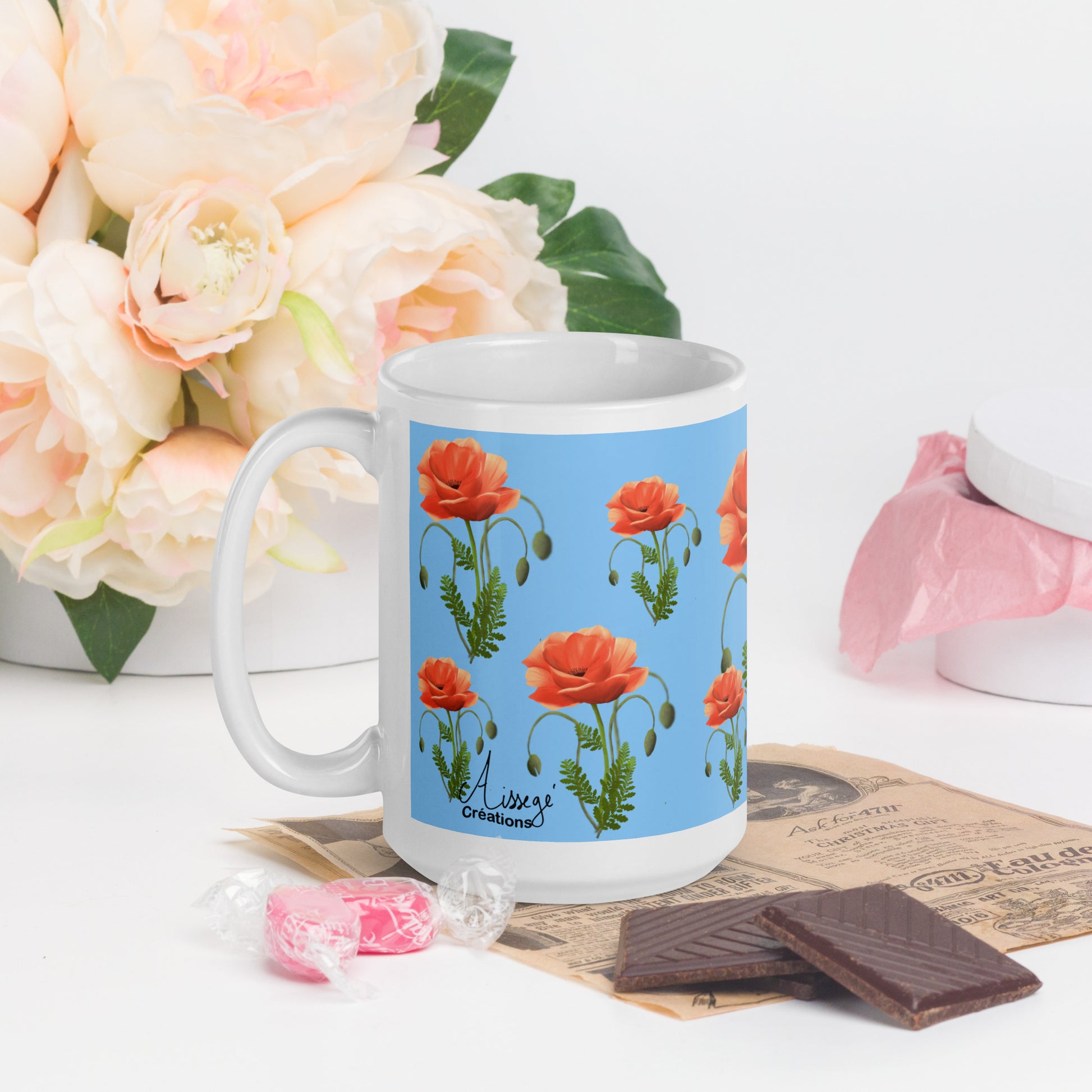 Mug Blanc Brillant "Coquelicots" - 11 oz - Aissegé Créations