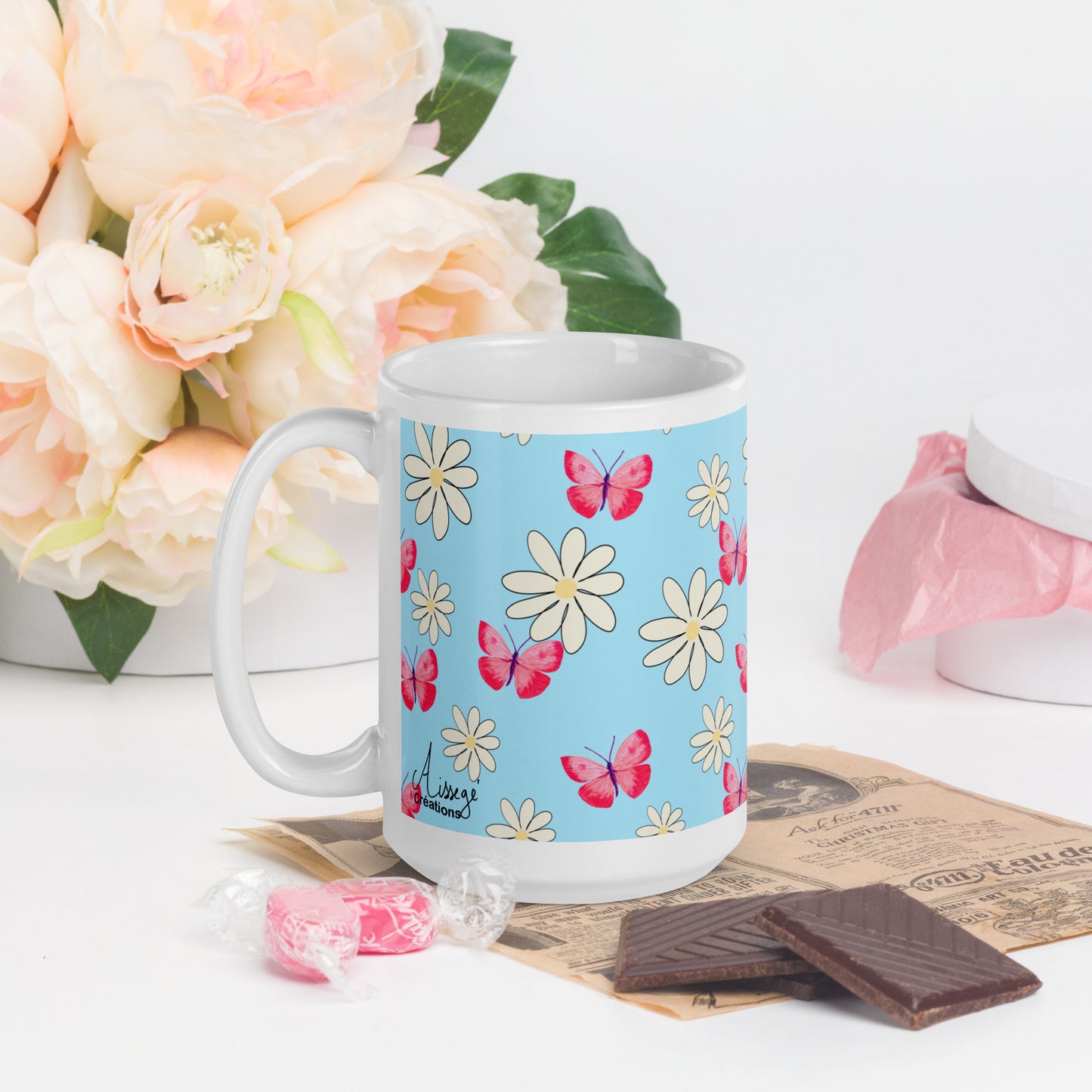 Glossy White Mug "Butterflies and Daisies"