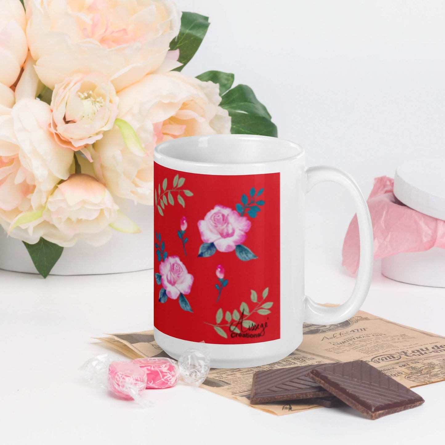 Mug Blanc Brillant "Roses du jardin"