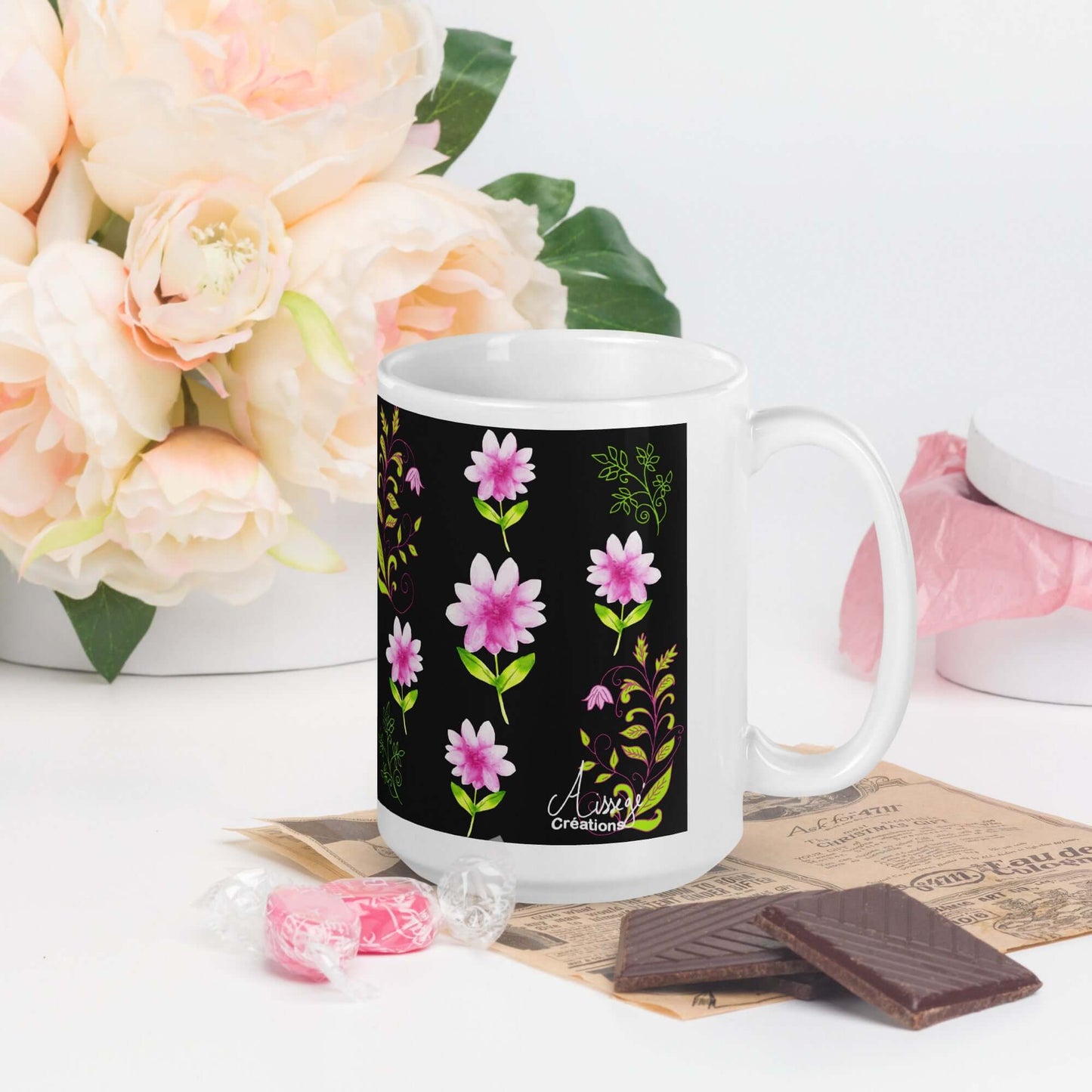 Mug Blanc Brillant "Fleurs et Arabesques"