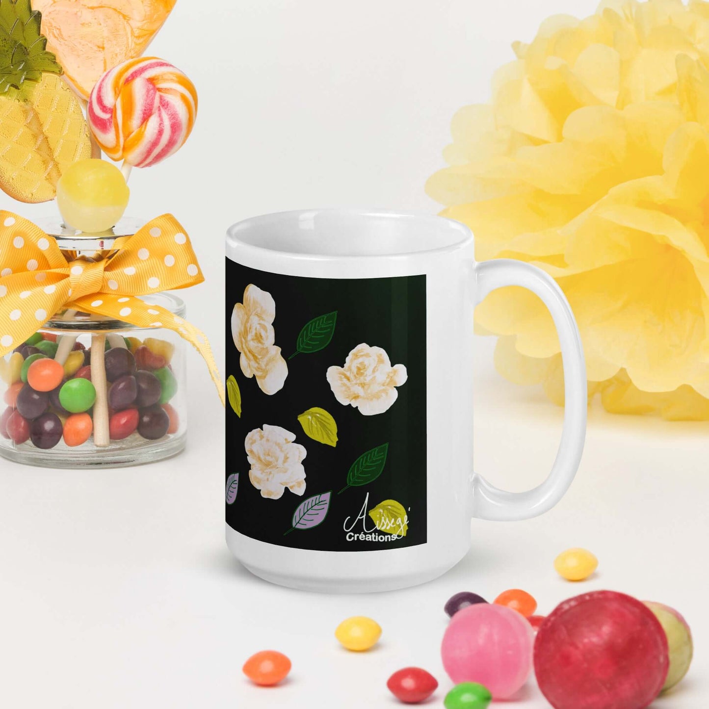 Mug Blanc Brillant "Roses d'Or"