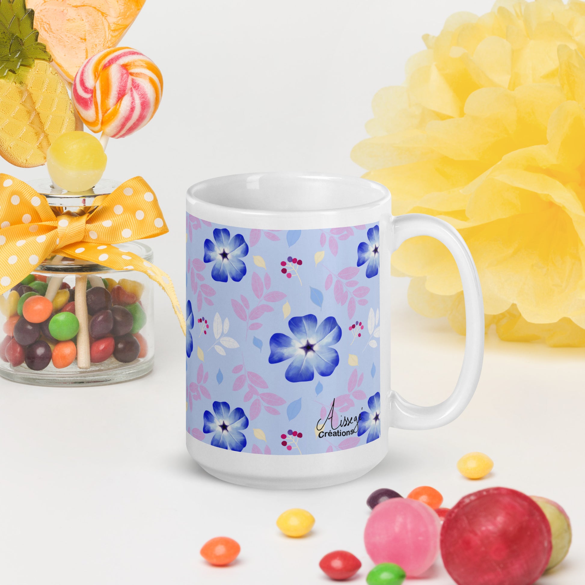 Mug Blanc Brillant "Cératostigma" - 11 oz - Aissegé Créations