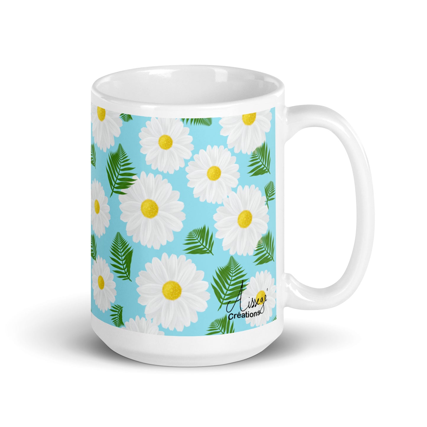 Mug Blanc Brillant "Marguerites" - 15 oz - Aissegé Créations
