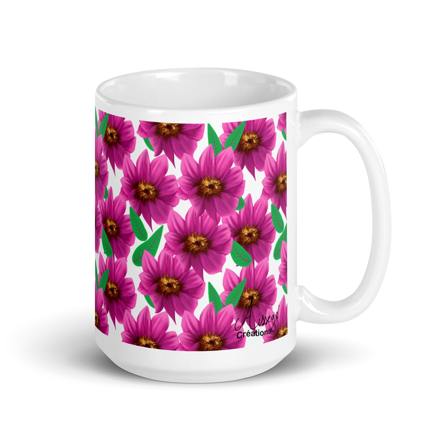 Mug Blanc Brillant "Dahlia Printania" - 15 oz - Aissegé Créations